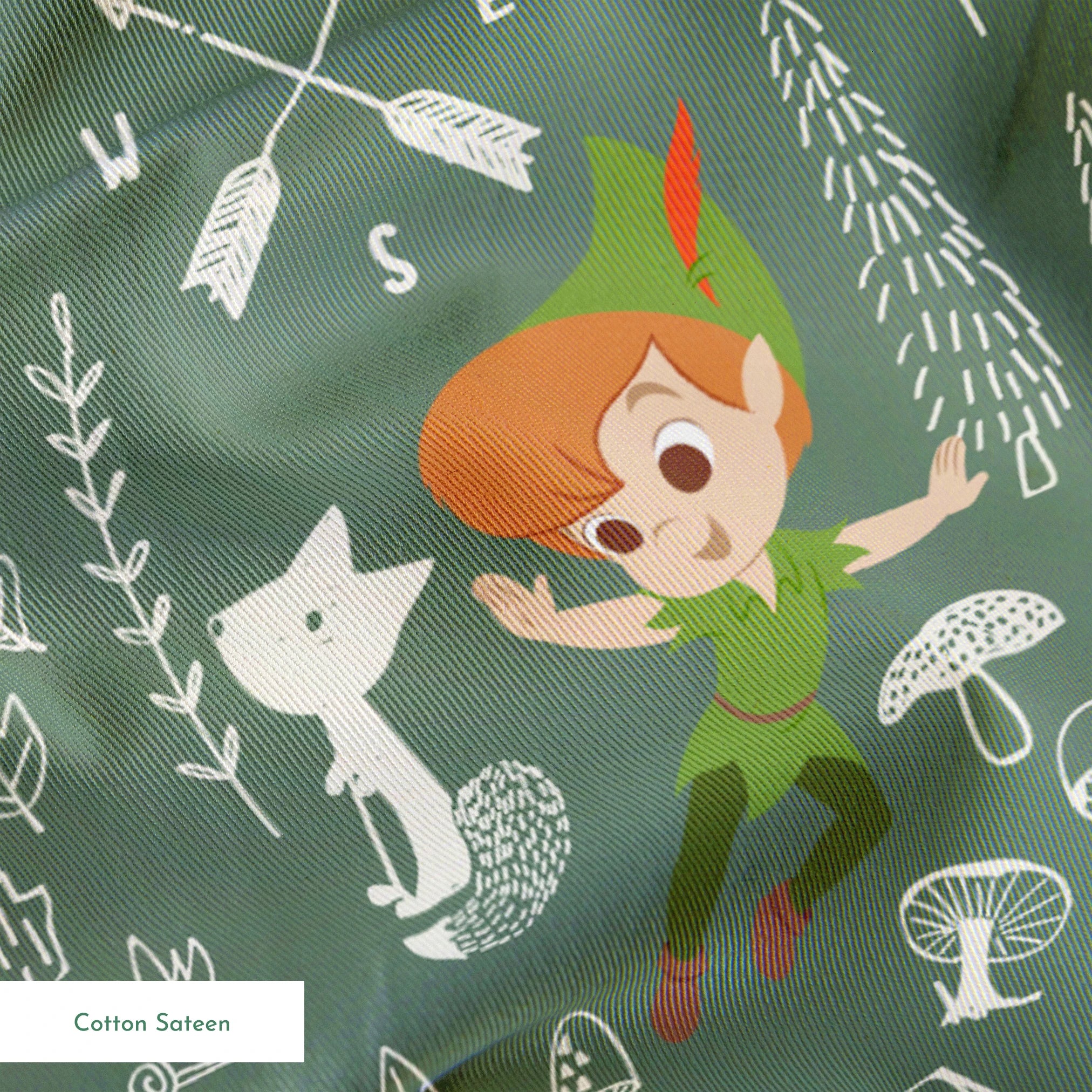 Illustrated forest pattern with cartoon characters in green outfits, white animals, and woodland elements on sage background. springs sateen texture