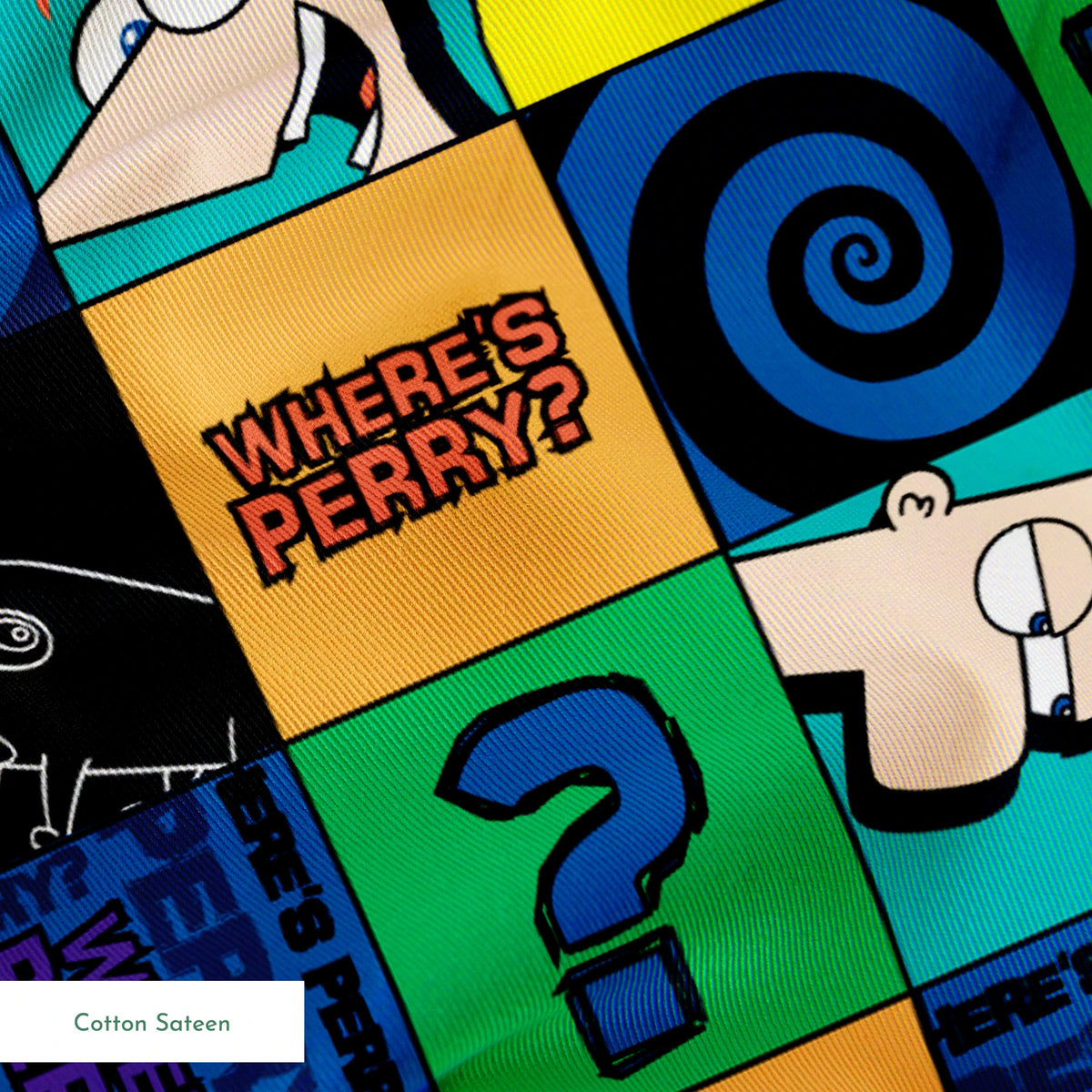 Colorful grid pattern with Phineas and Ferb cartoon characters, logos, question marks, and spirals in blue, green, and orange squares. springs sateen texture