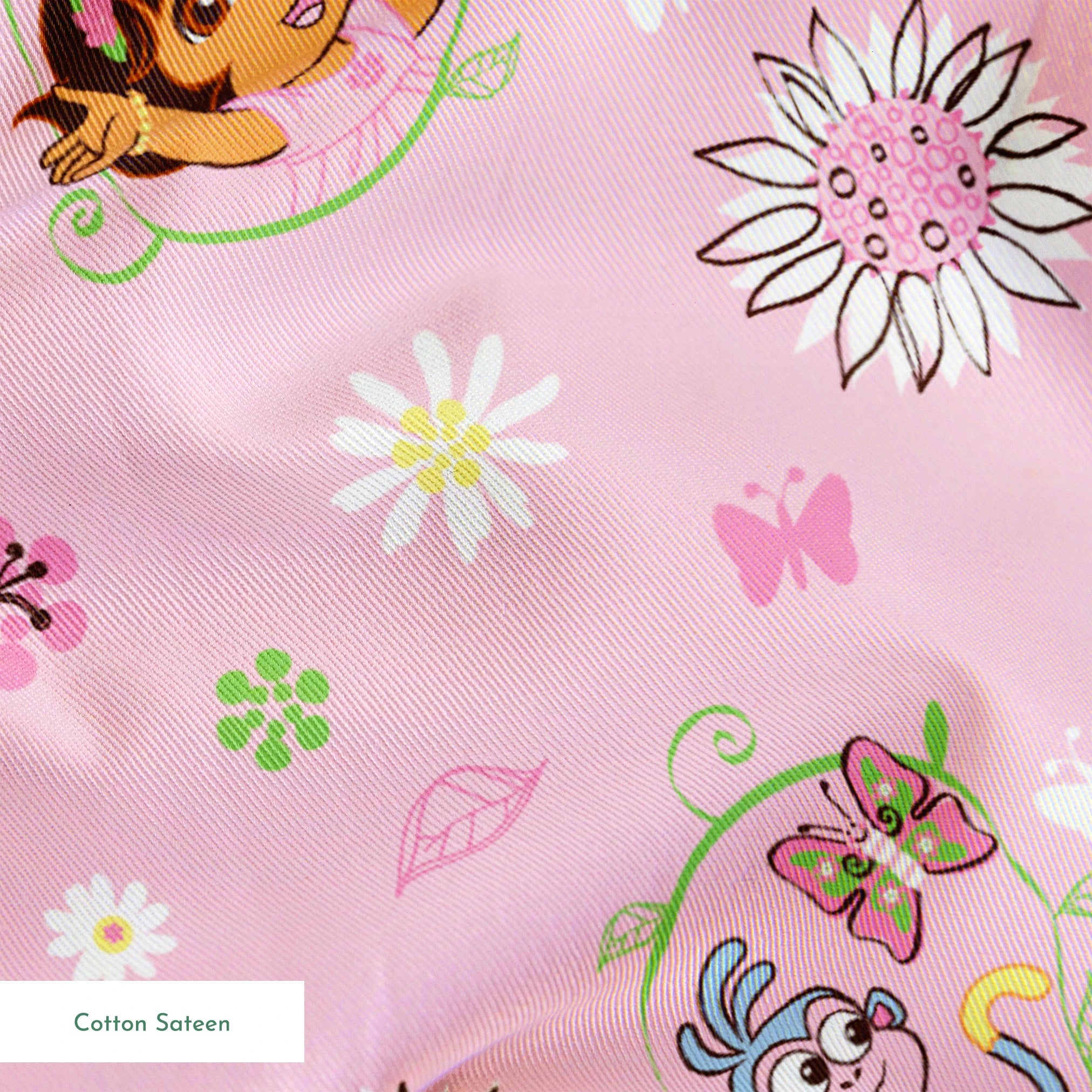 Pink background with Dora the Explorer characters, white daisies and purple butterflies scattered throughout springs sateen texture