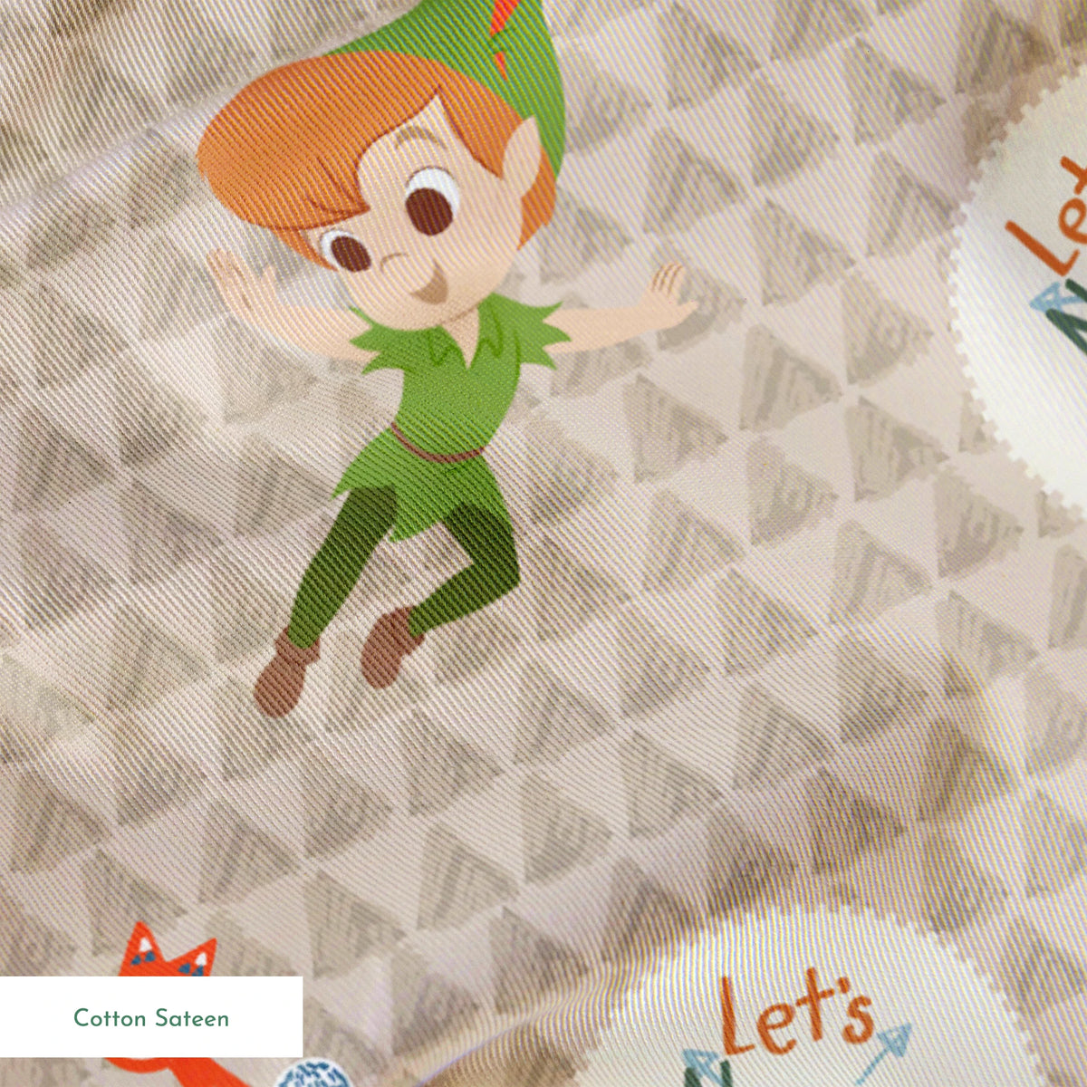 Cartoon pattern featuring Peter Pan character flying, orange foxes, and "Let's Never Grow Up" text on beige background springs sateen texture