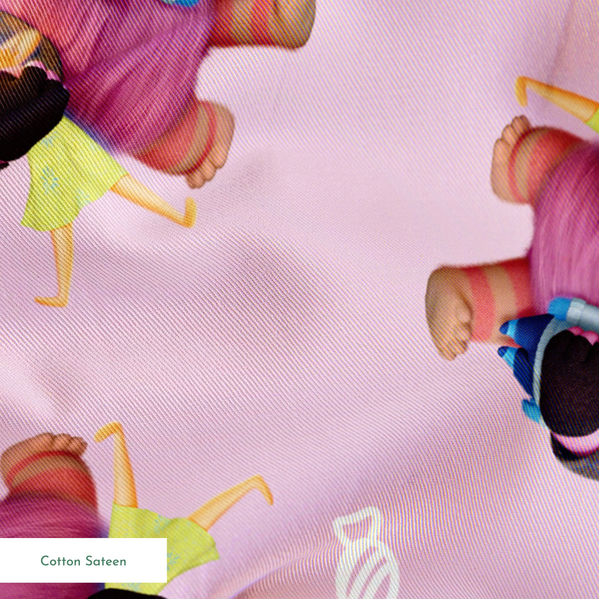 Repeating pattern of Inside Out characters on a lavender background springs sateen texture