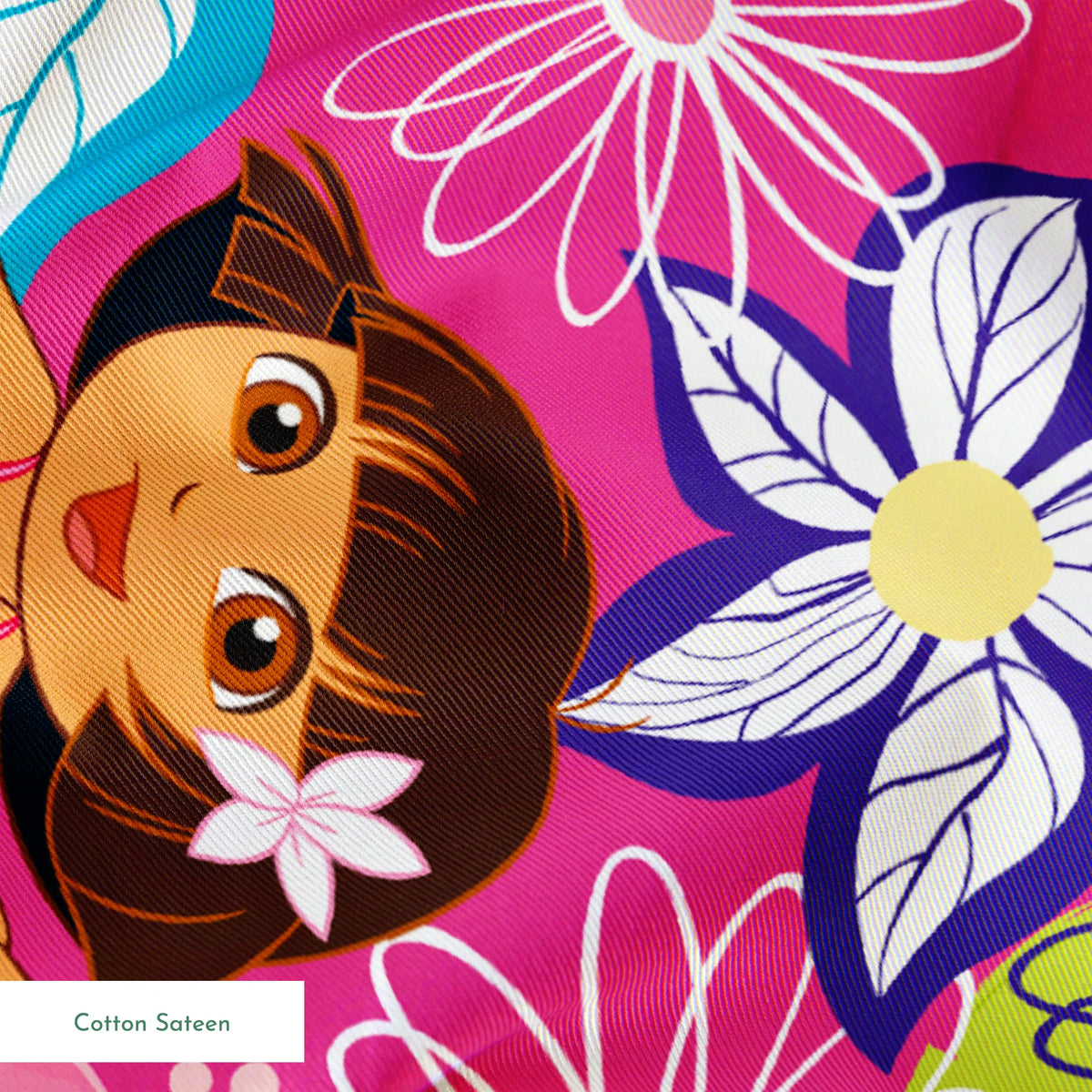 Colorful cartoon pattern with Dora the Explorer characters among vibrant flowers on pink background springs sateen texture