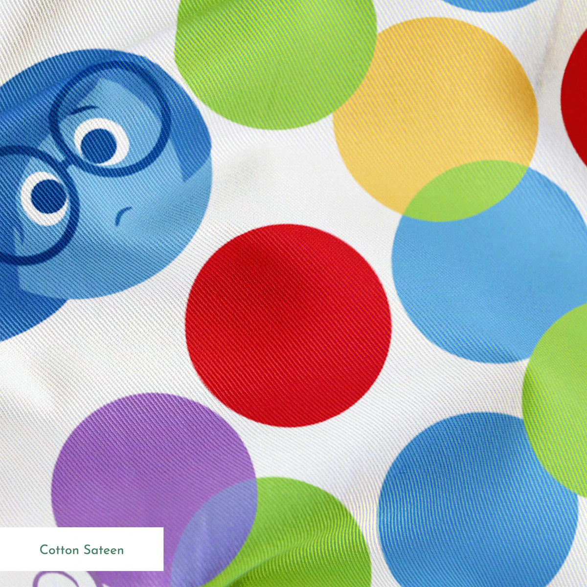 Colorful pattern with Inside Out characters scattered among multicolored polka dots springs sateen texture