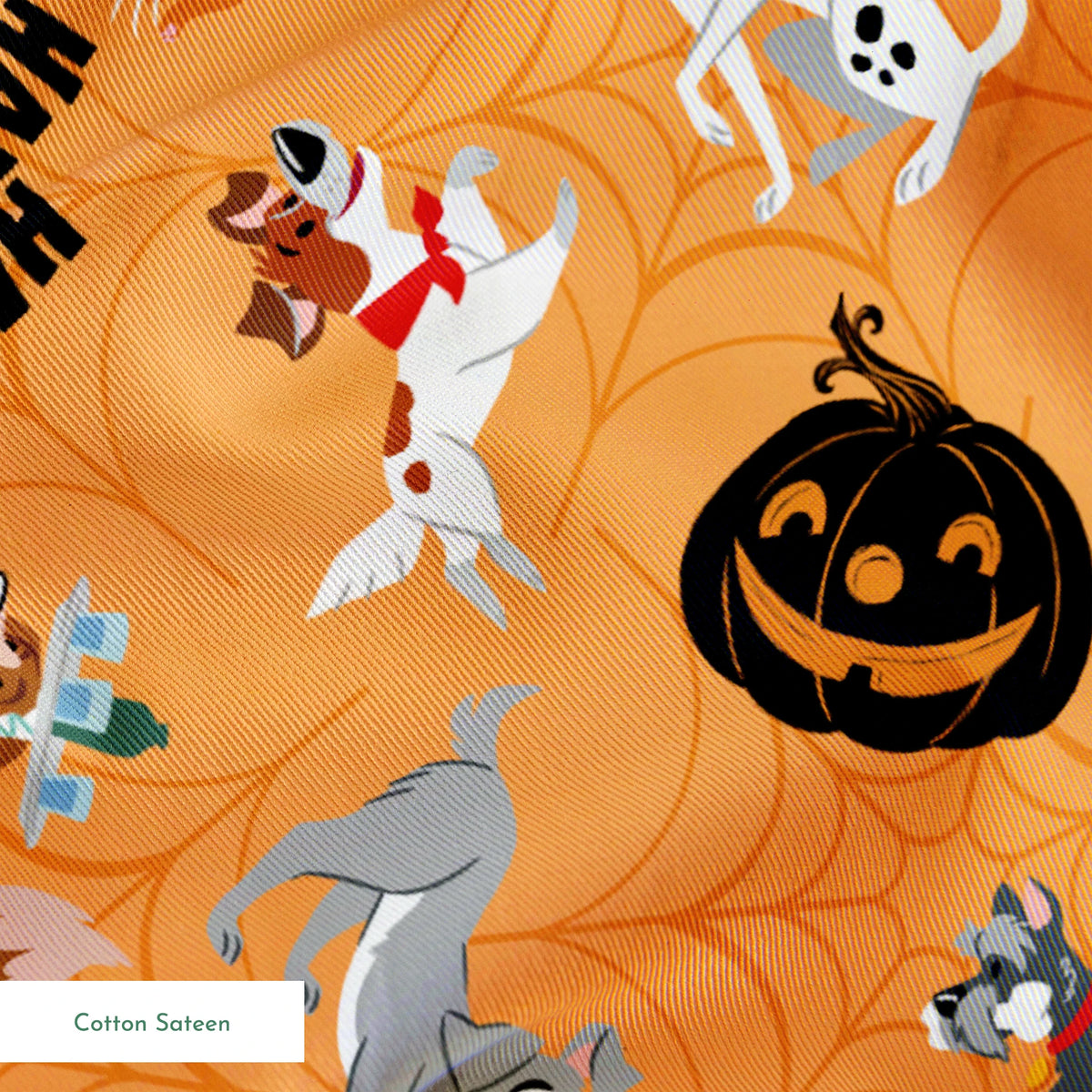 Cartoon dogs in Halloween pattern with pumpkins and "Happy Halloween" text on orange background springs sateen texture