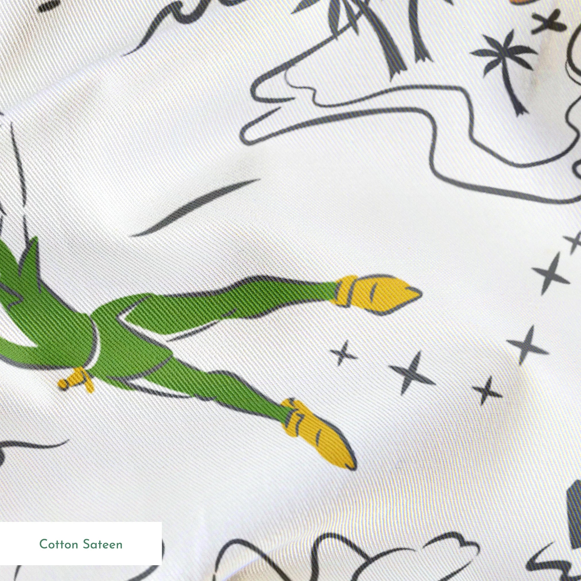 Peter Pan-inspired pattern with islands, ships, mermaids, compass roses, and pirate symbols in green, orange, and gray on white background springs sateen texture