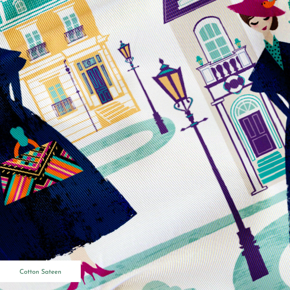 Illustrated pattern of Mary Poppins, standing among pastel townhouses and streetlamps. springs sateen texture