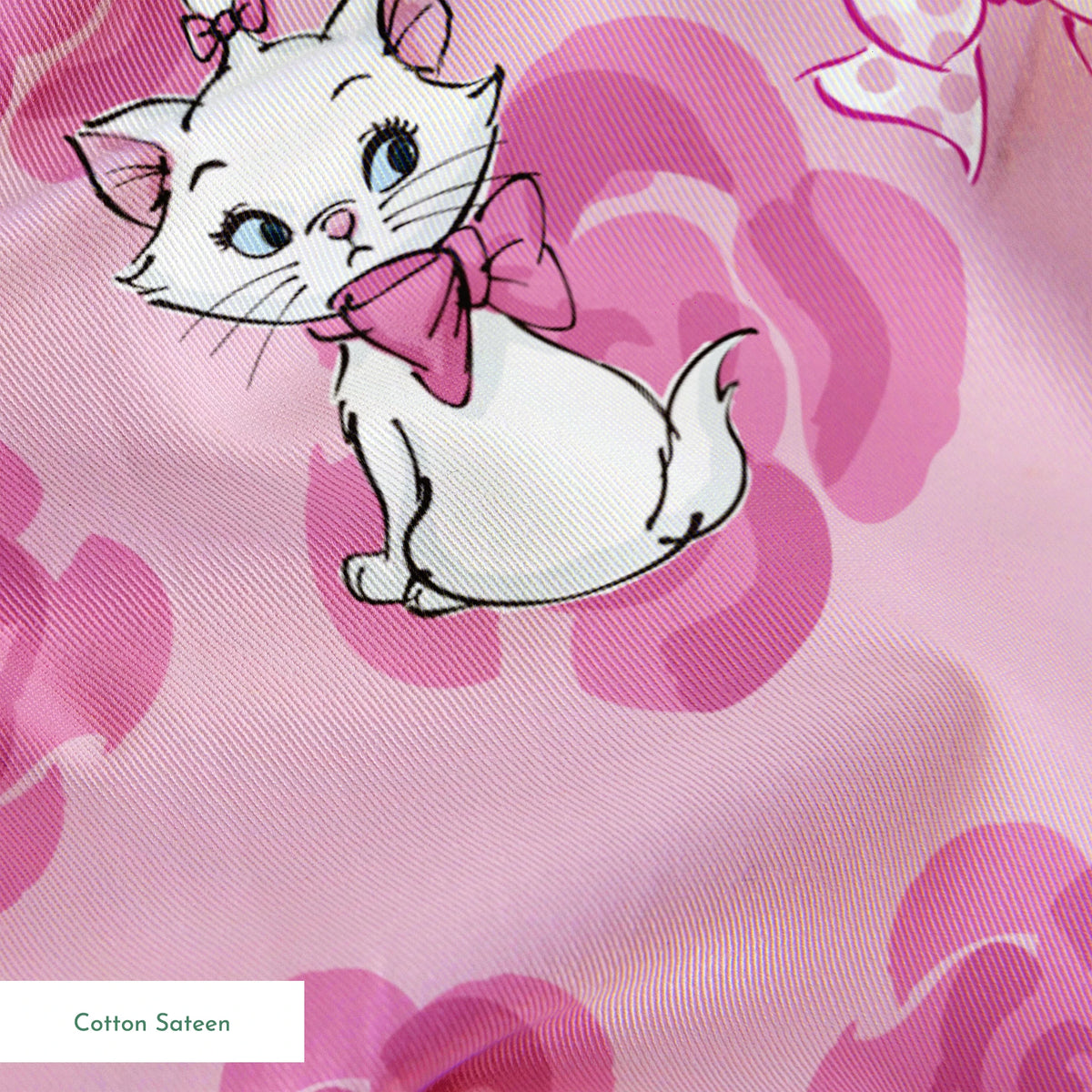Marie from The Aristocats playing on pink rose pattern background springs sateen texture