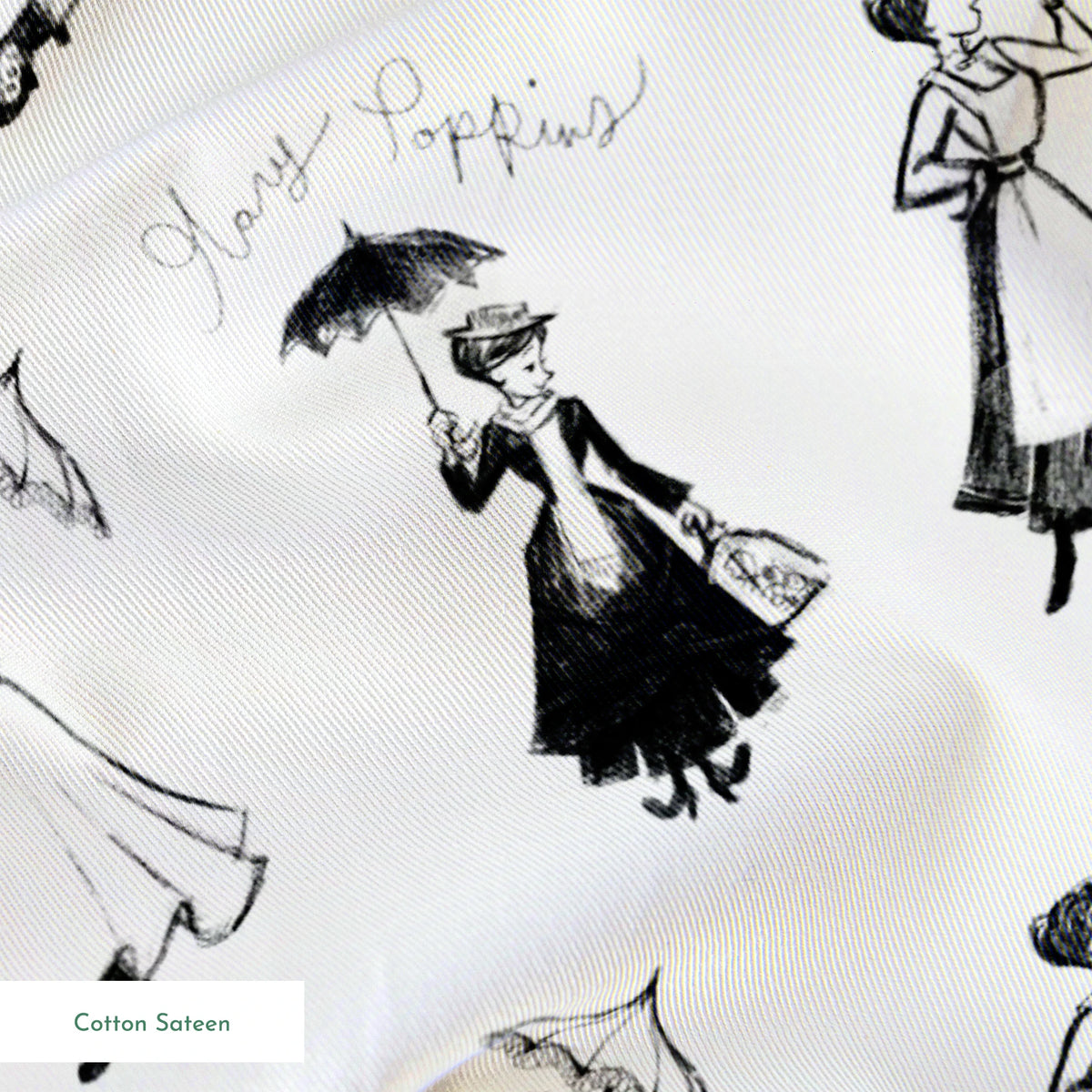 Sketchy illustration pattern of Mary Poppins, shown in various poses in black and white springs sateen texture