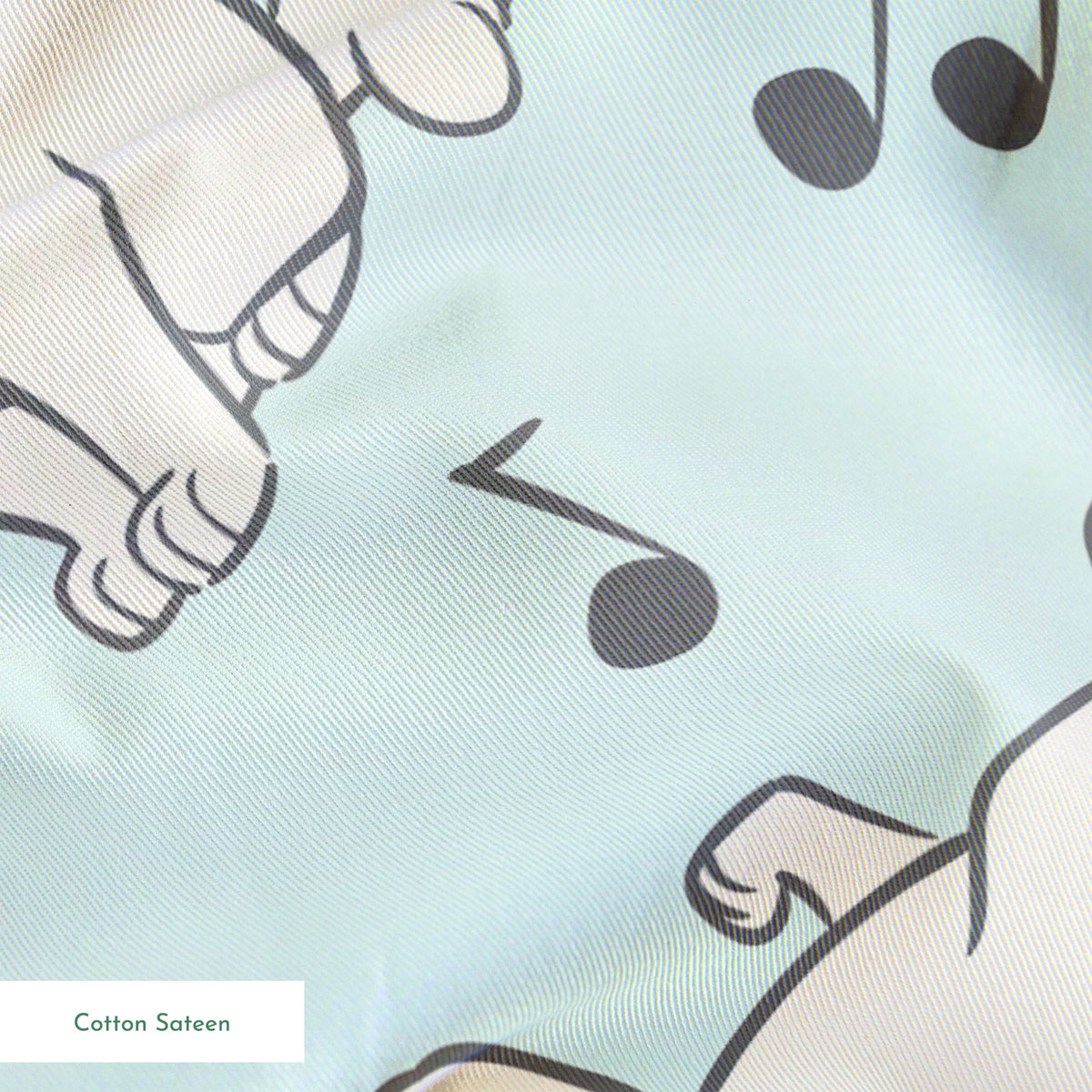 White kittens with pink bows playing among musical notes on a light mint background springs sateen texture