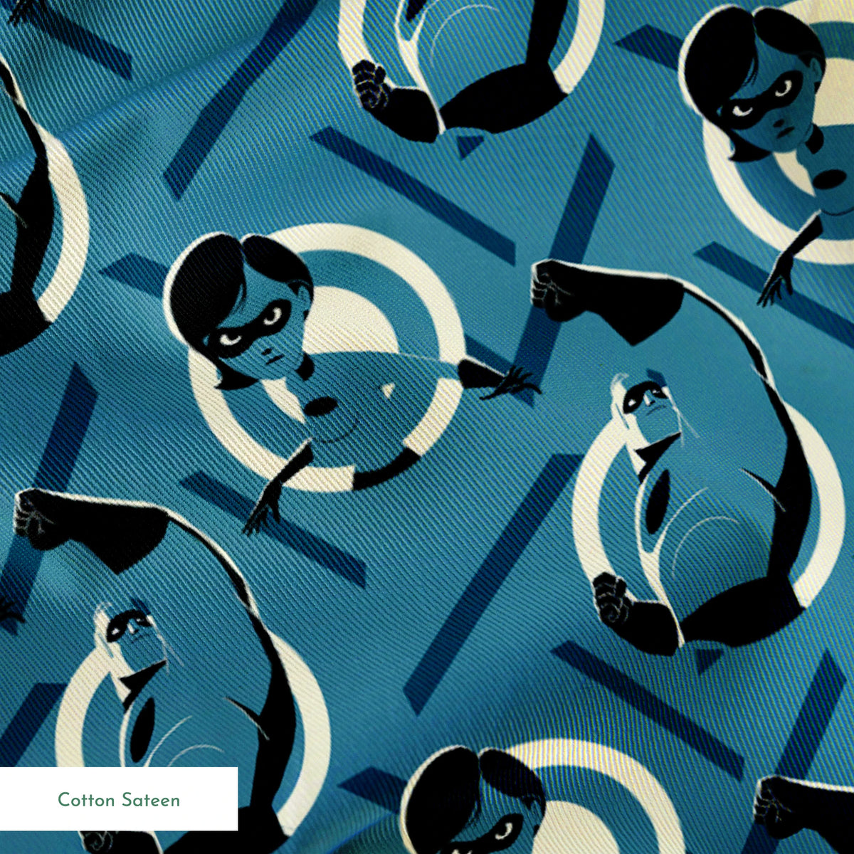 Stylized Mr. Incredible in blue and black with raised fist against geometric circular background springs sateen texture