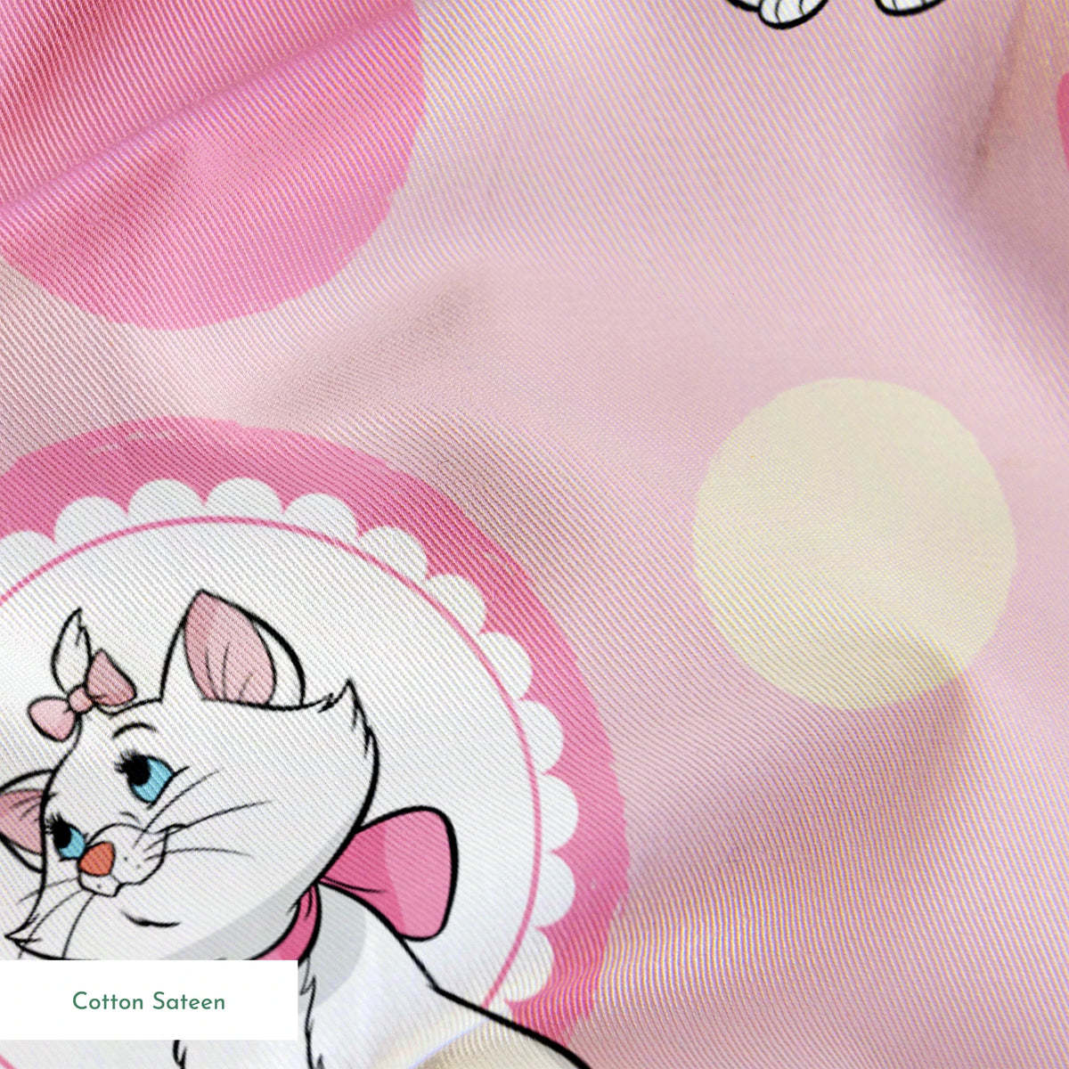 Marie from The Aristocats with pink bows in decorative circular frames on pink polka dot background with bow motifs springs sateen texture