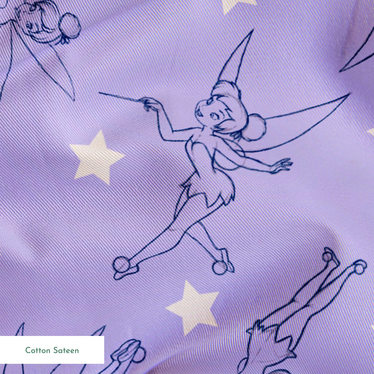 Tinker Bell dancing across a lavender purple background with white stars springs sateen texture
