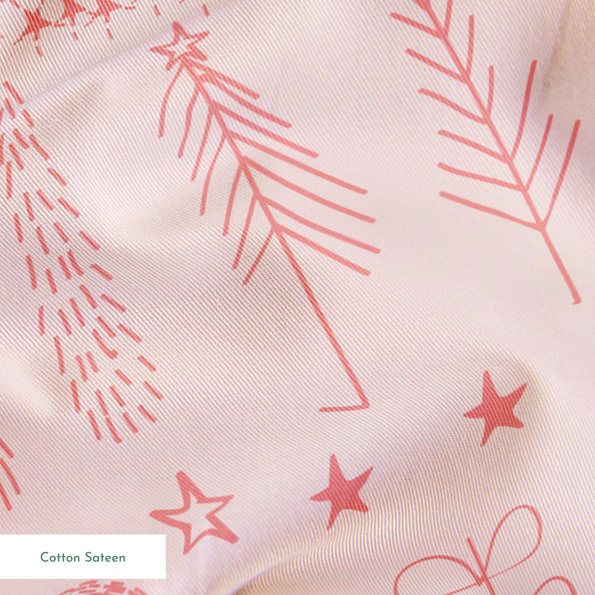 Pink whimsical pattern with cartoon fairy characters, forest animals, mushrooms, and plants in pastel colors springs sateen texture