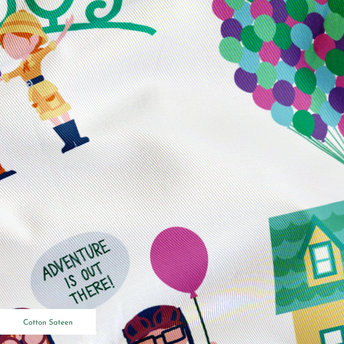 Colorful illustrated Up-inspired zoo pattern with cartoon characters, houses with balloons, peacocks, and family portraits on white background. springs sateen texture