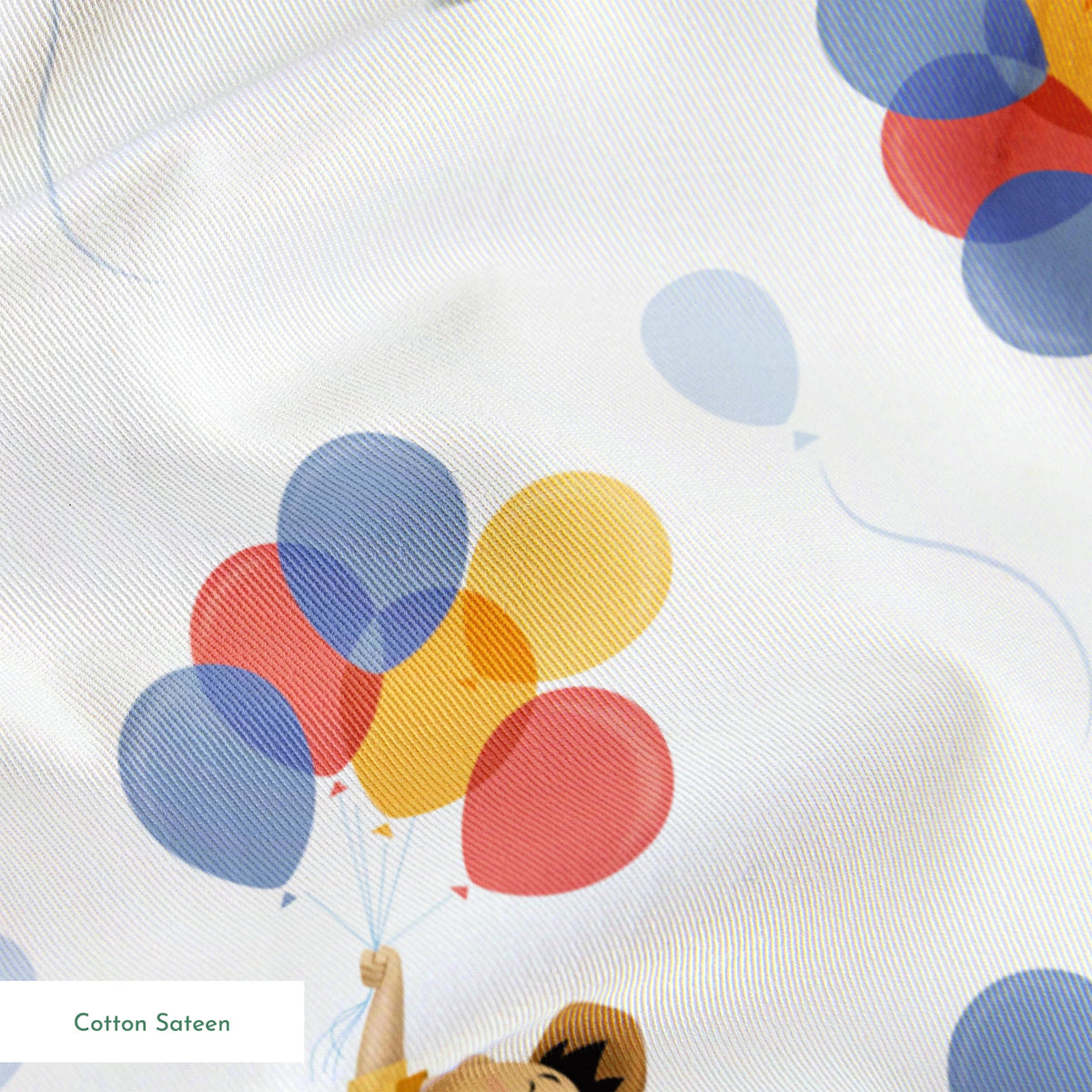 Up's Russell in explorer outfit floating with colorful balloons on white background pattern springs sateen texture