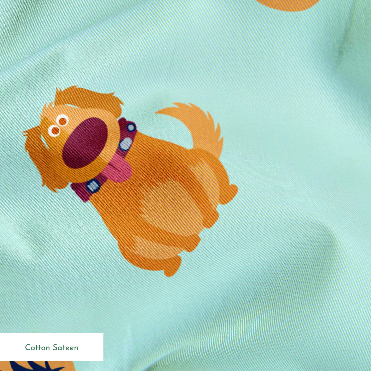 Cartoon pattern on mint background featuring characters from Pixar's "Up" with balloons, houses, and colorful elements springs sateen texture