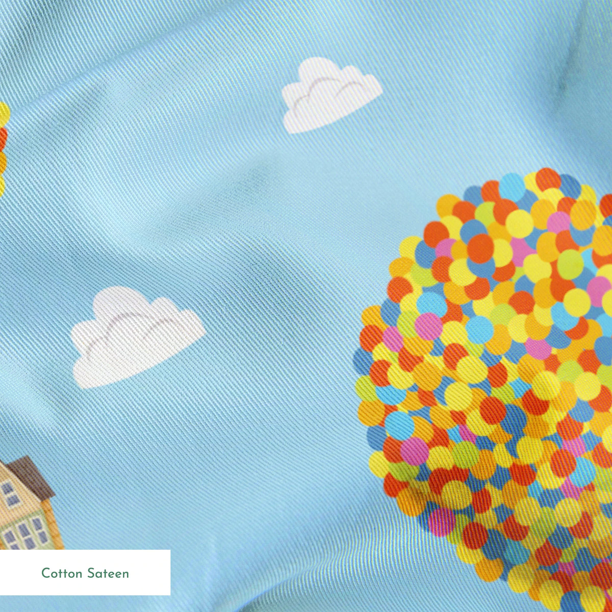 Repeating Up pattern of houses lifted by colorful balloon clusters against a light blue sky with white clouds springs sateen texture