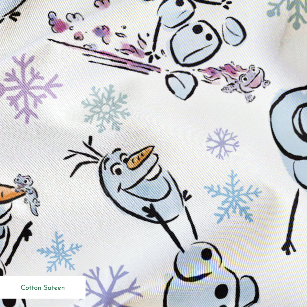 Disney Frozen Olaf with different happy expressions scattered on light blue background with snowflakes springs sateen texture