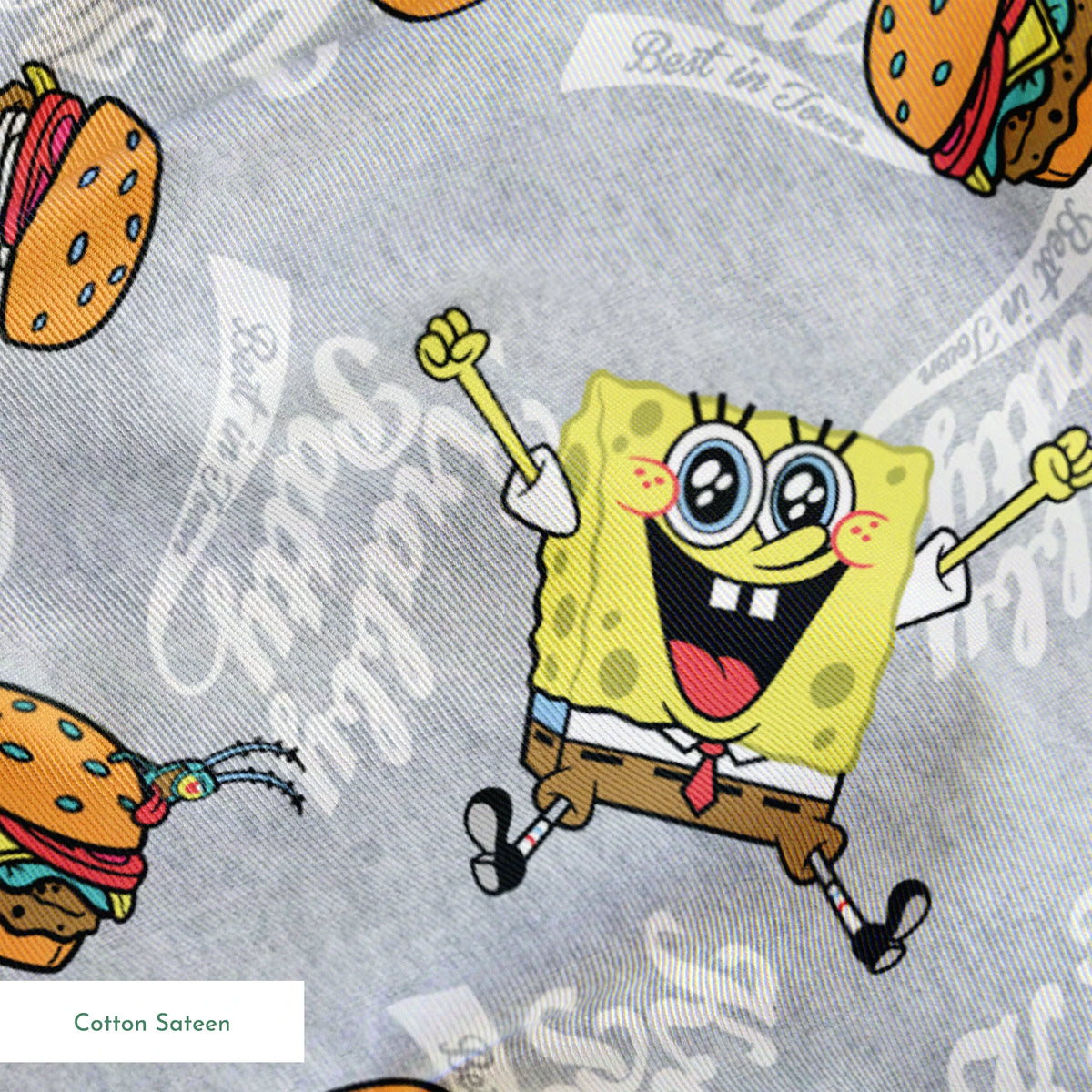 SpongeBob surrounded by Krabby Patties, spatulas, and “The Krusty Krab” text on a heather gray background in a playful cartoon-style design. springs sateen texture