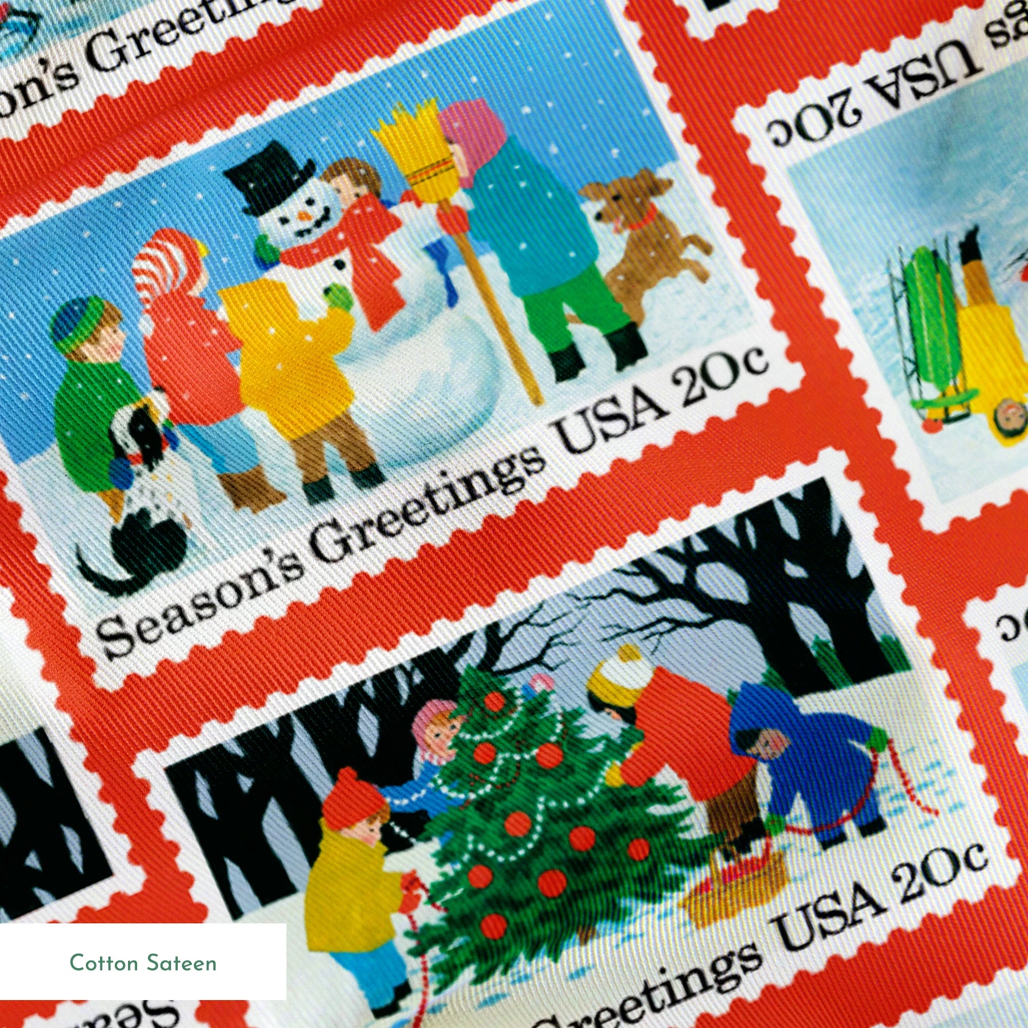 USPS Scenic Season's Greetings Stamps on Red Fabric