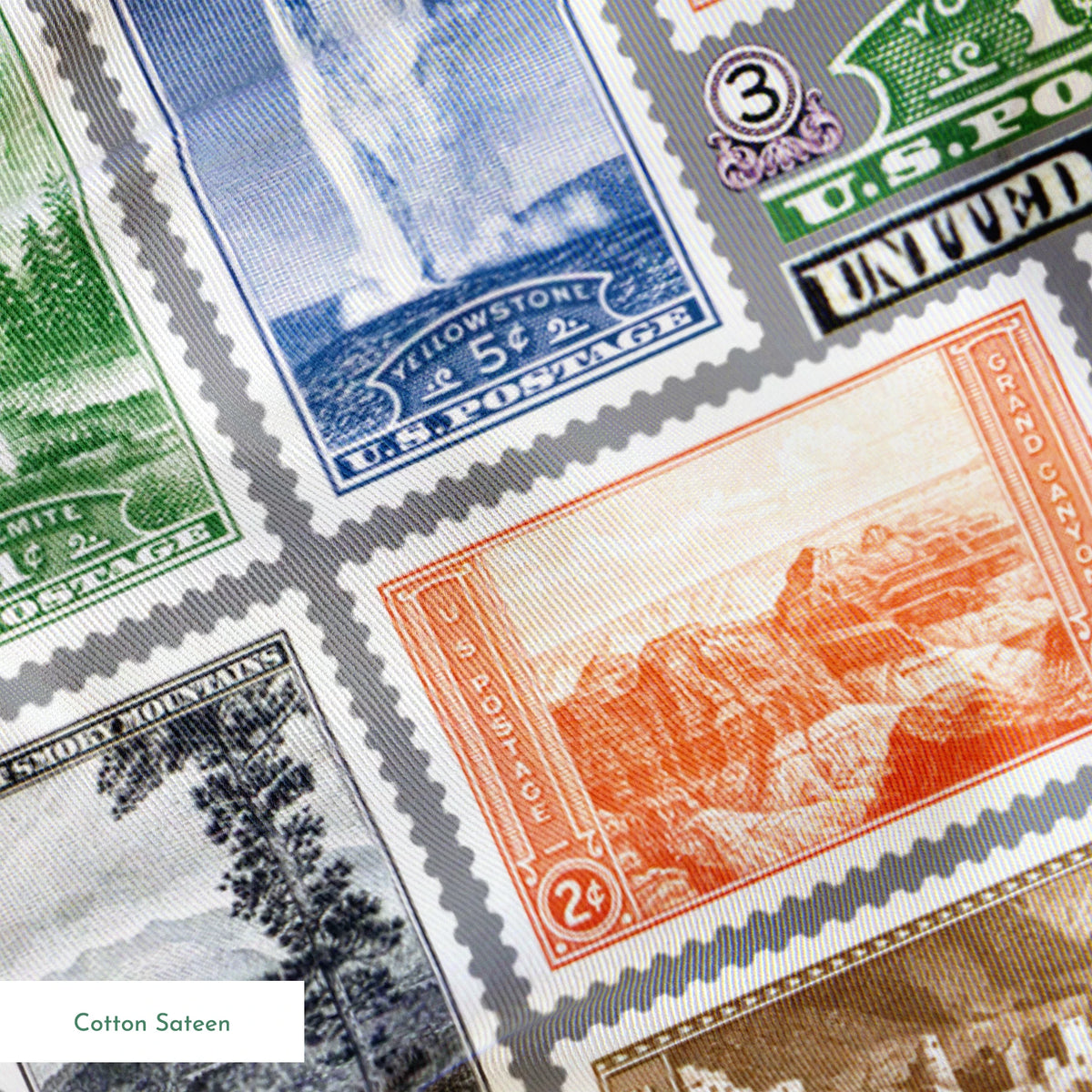 USPS National Park Stamps on Gray Fabric