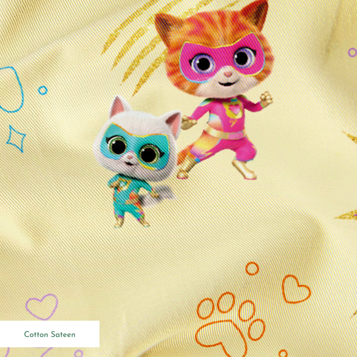 Disney Jr's. SuperKitties Fierce Fighters on Yellow Fabric