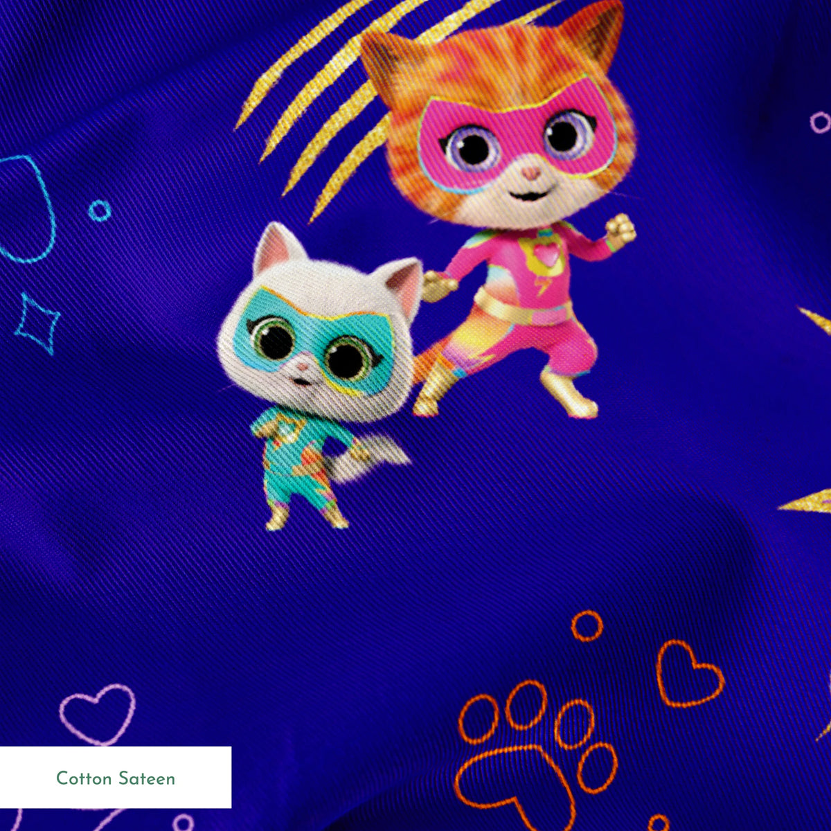 Disney Jr's. SuperKitties Fierce Fighters on Blue Fabric