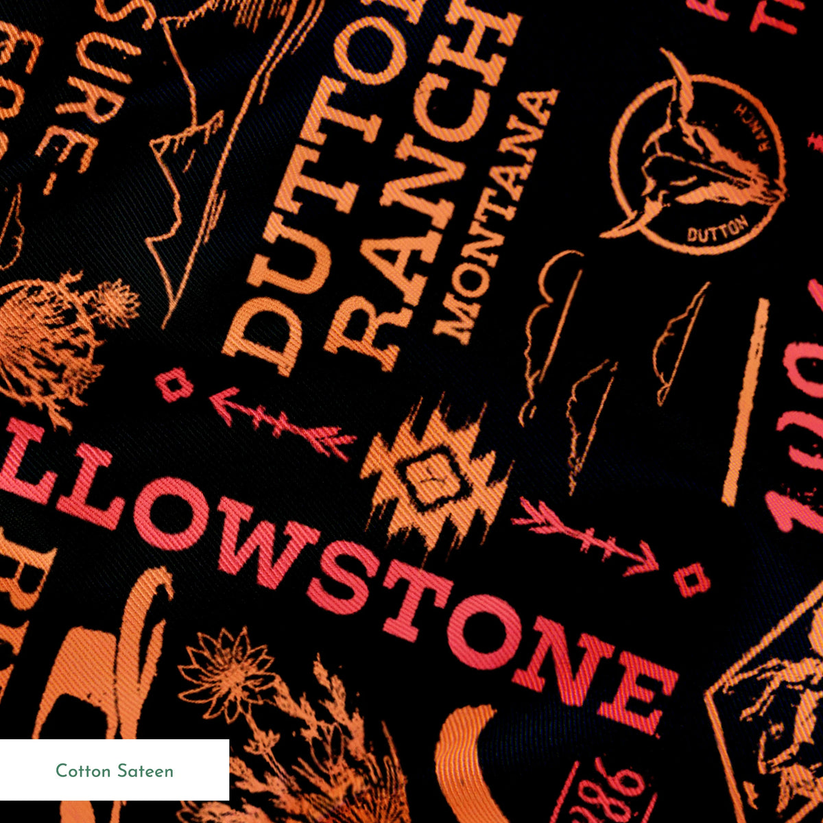 Paramount Yellowstone Verbiage Collage on Sunset Fabric