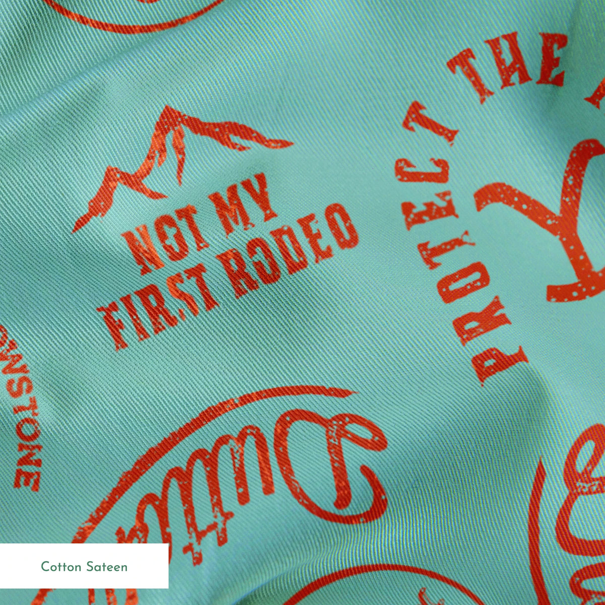 Paramount Yellowstone Dutton Ranch Icons on Aqua Fabric