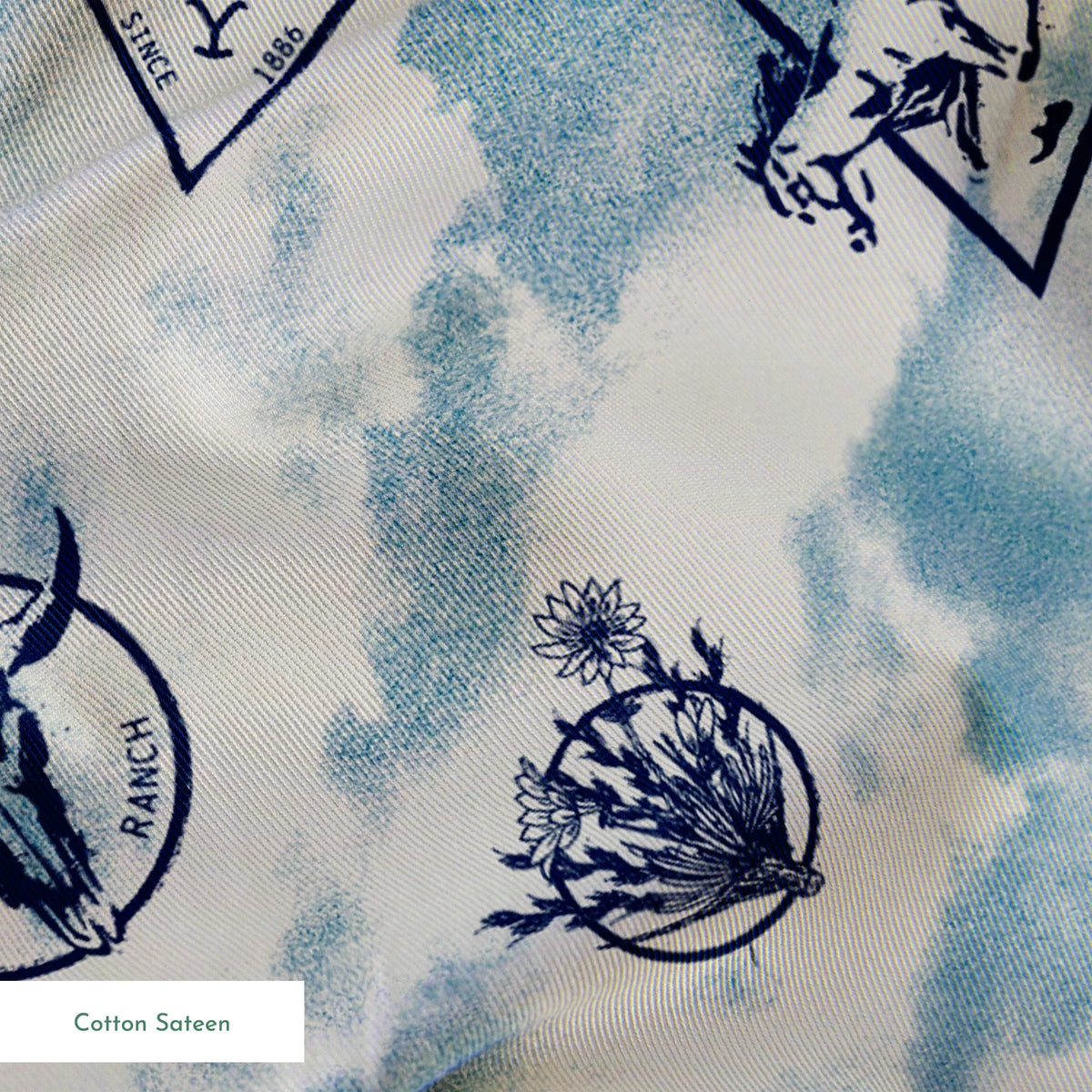 Paramount Yellowstone Icons in the Clouds on Blue Fabric