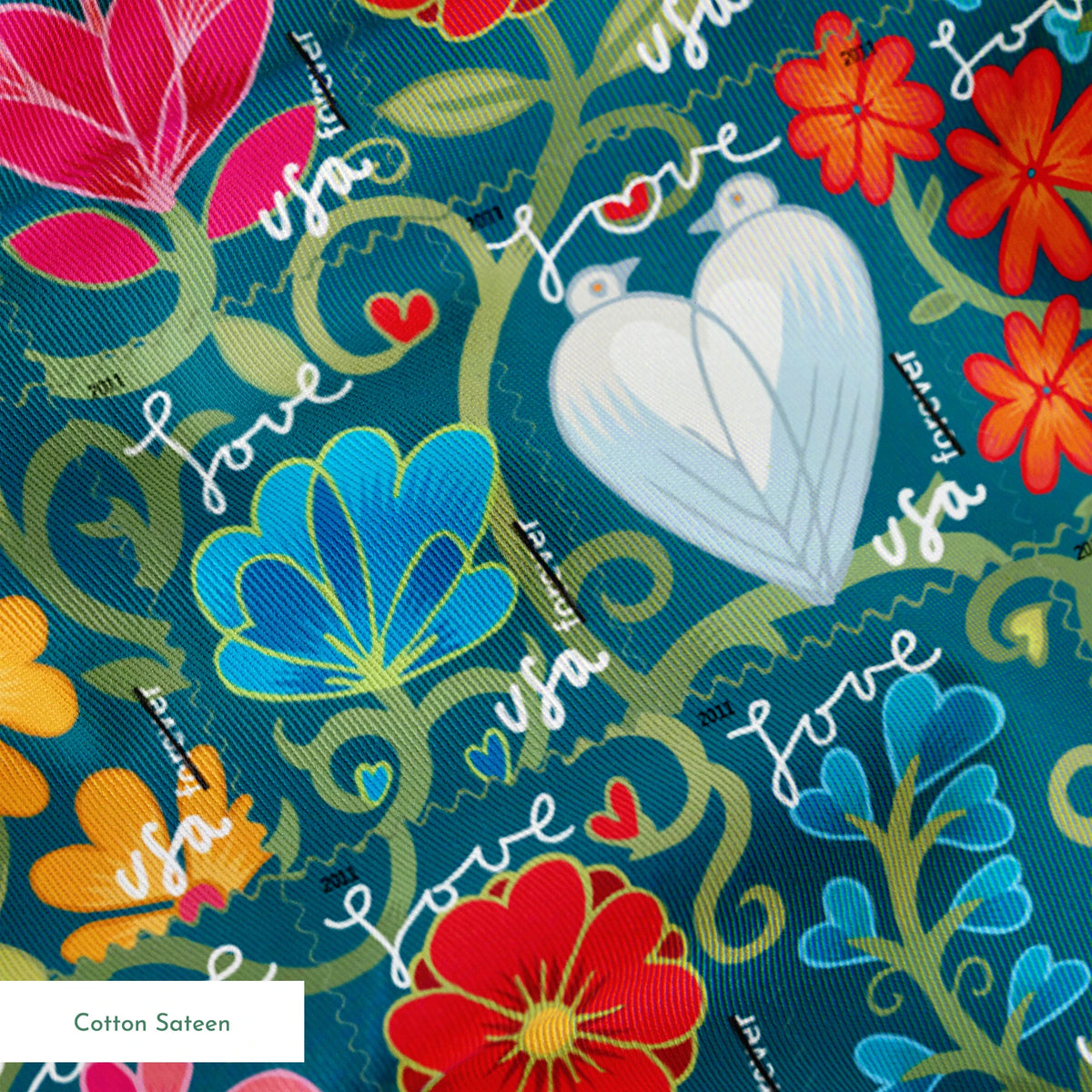 USPS Love Floral Stamps on Teal Fabric