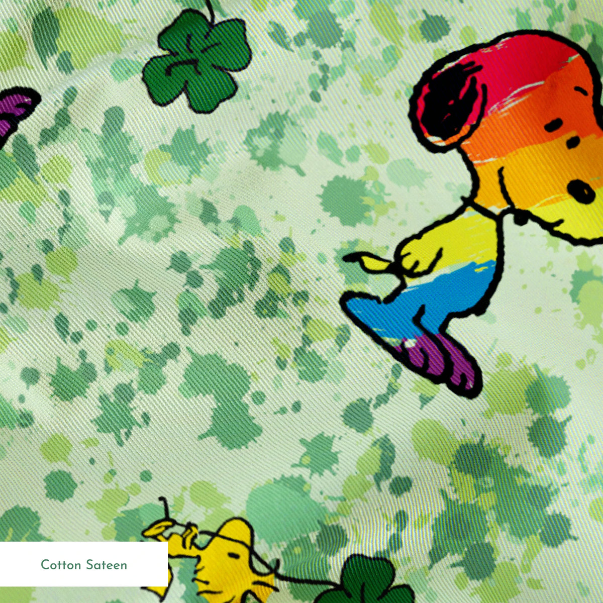 Peanuts Woodstock & Snoopy on Green Clover Fabric
