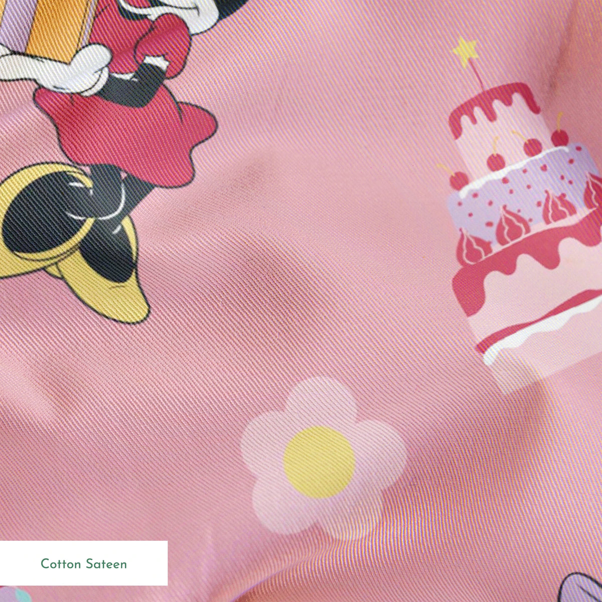 Minnie Mouse pattern on pink background with cakes, candy, and desserts scattered throughout.