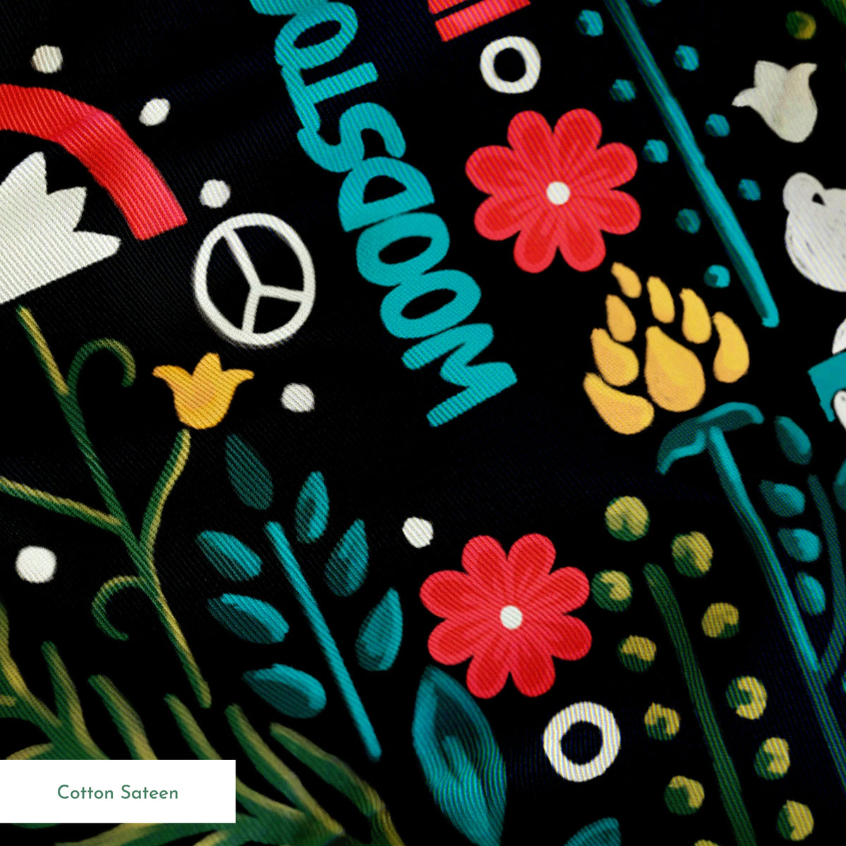 Woodstock Retro Greenery on Black Fabric