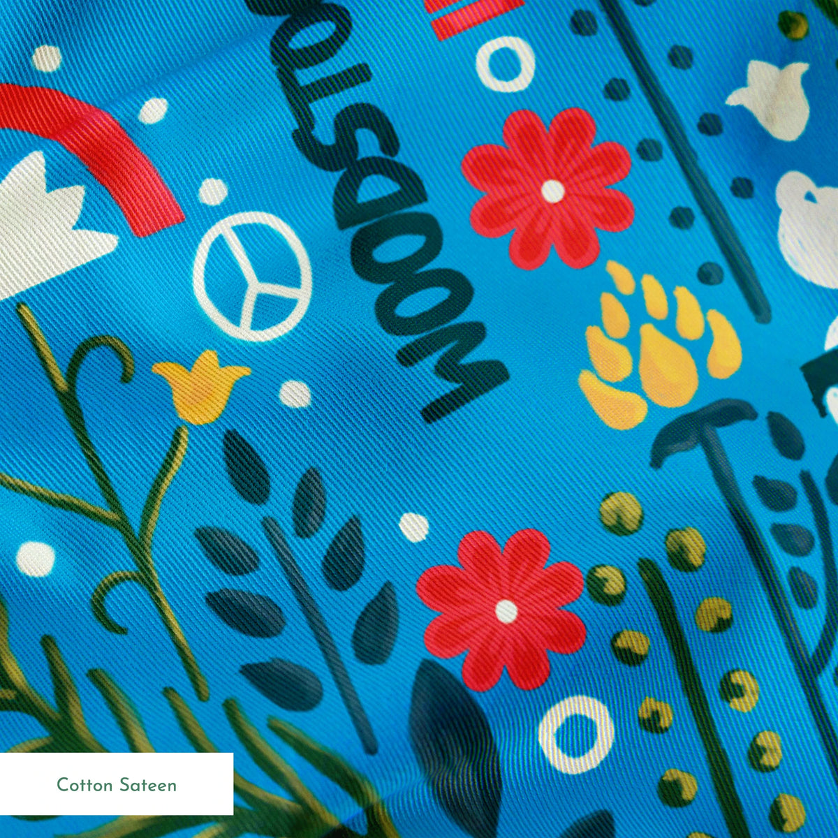 Woodstock Retro Greenery on Blue Fabric