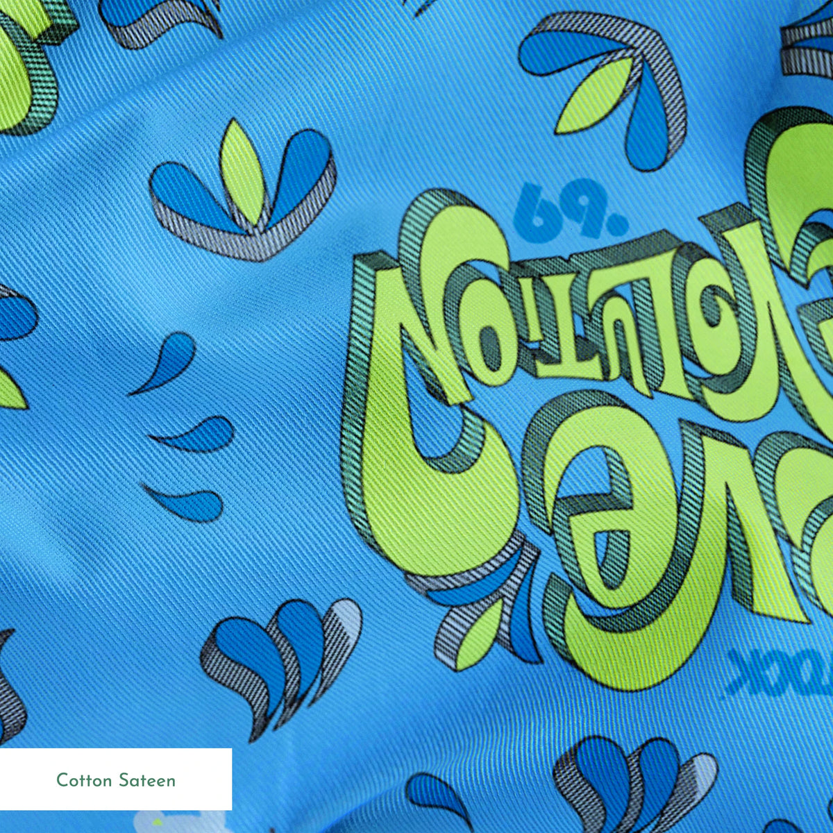 Woodstock Love Revolution on Blue Fabric