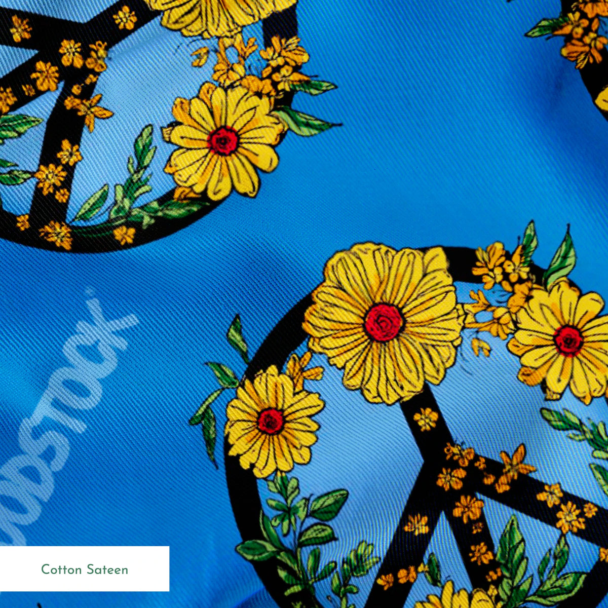Woodstock Floral Peace Signs on Blue Fabric