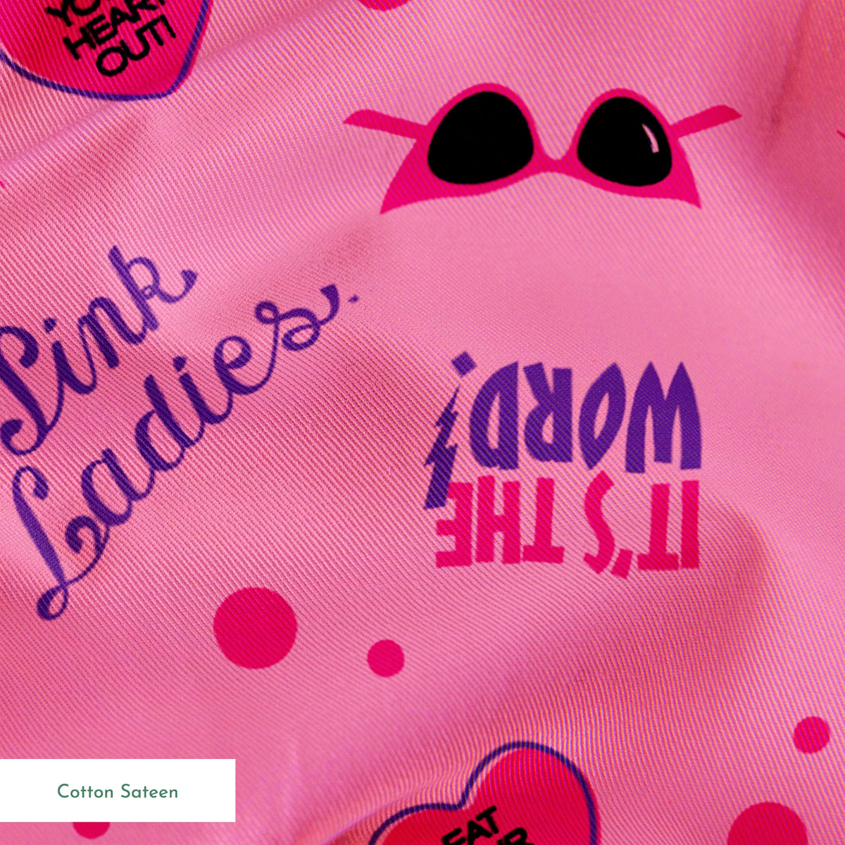 Paramount Grease  Retro Pink Ladies Icons on Pink Fabric
