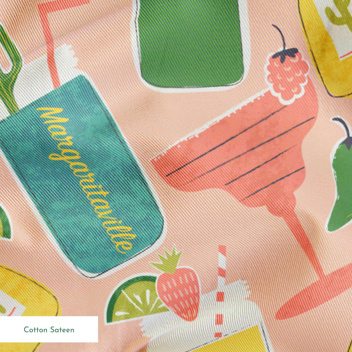 Colorful Margaritaville cocktail pattern with margaritas, tequila bottles, lime slices, and salt shakers on pink background
