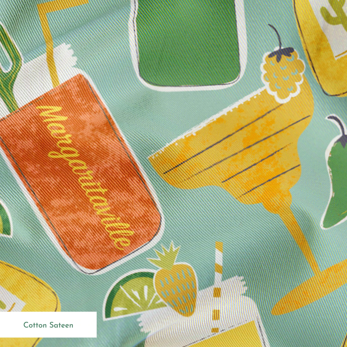 Colorful Margaritaville cocktail pattern with drinks, bottles, glasses, and lime slices on teal background