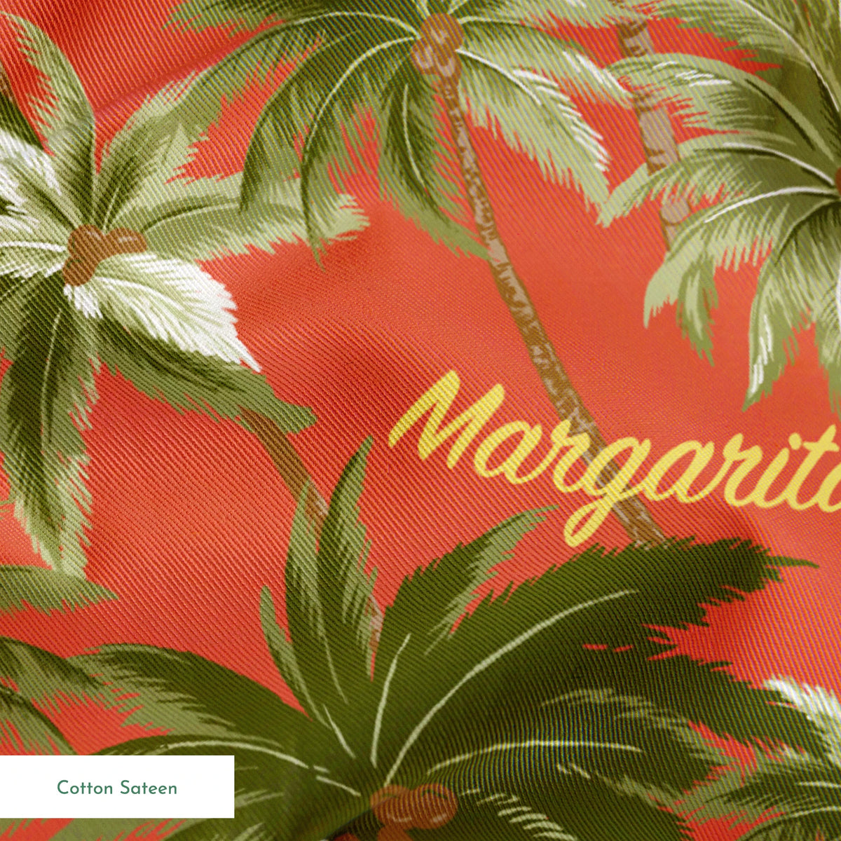 Tropical palm tree pattern on coral background with "Margaritaville" text in gold lettering