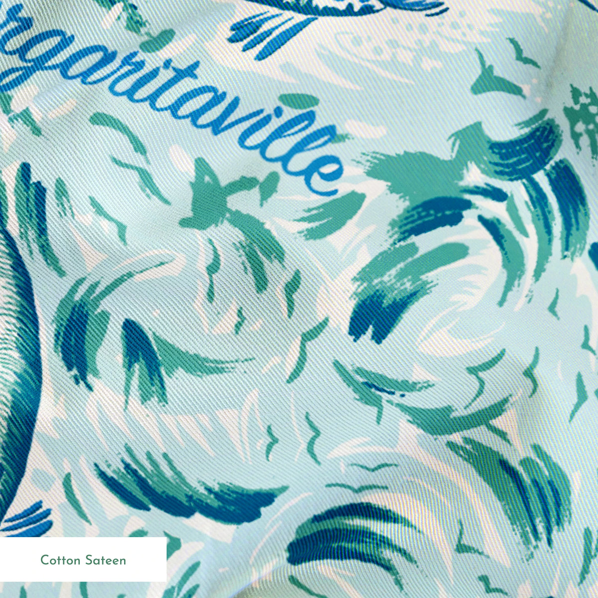 Abstract Margaritaville marbled pattern in teal, blue and white with swirling floral motifs and delicate wave-like designs