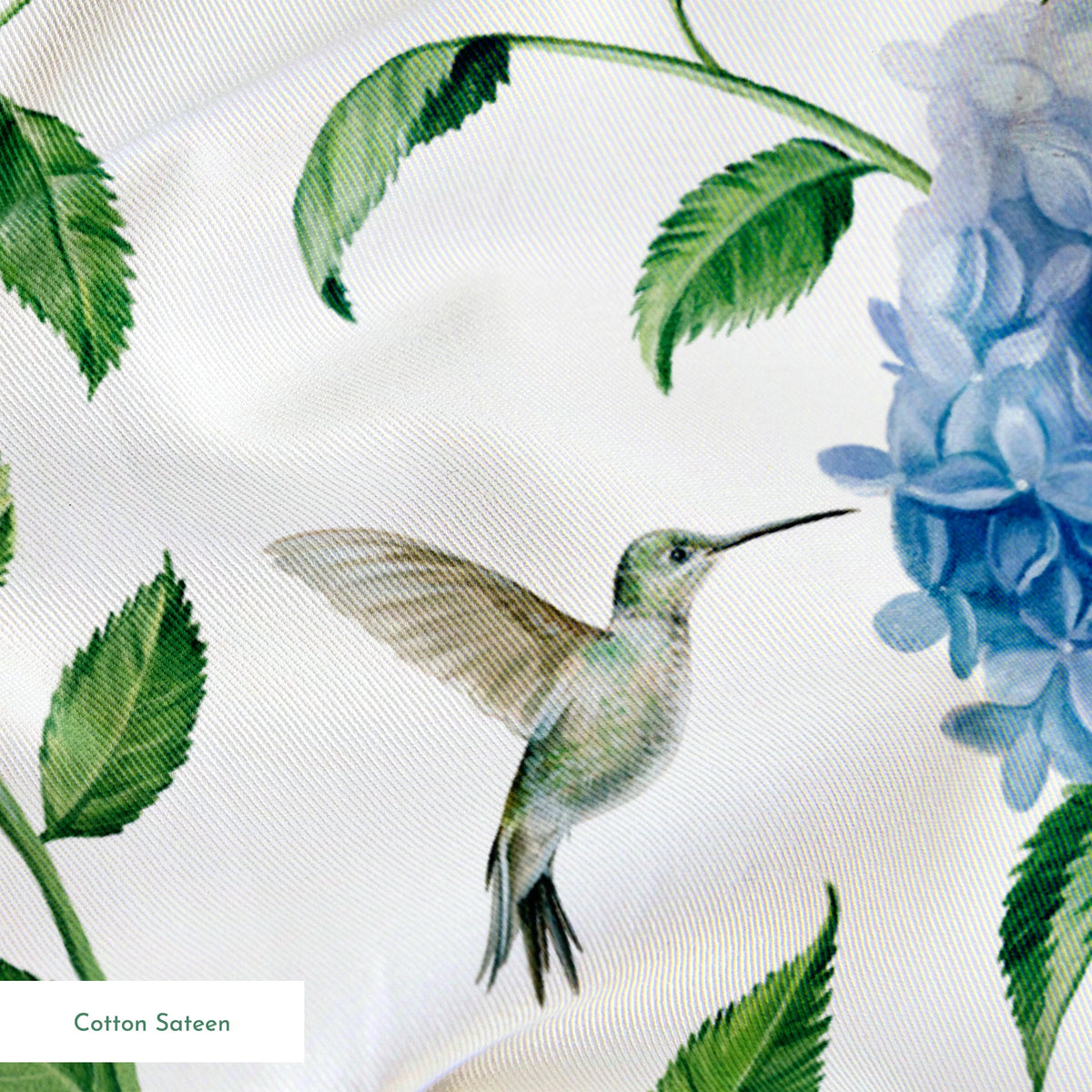 Danielle Murray Hydrangeas and Hummingbirds on White Fabric