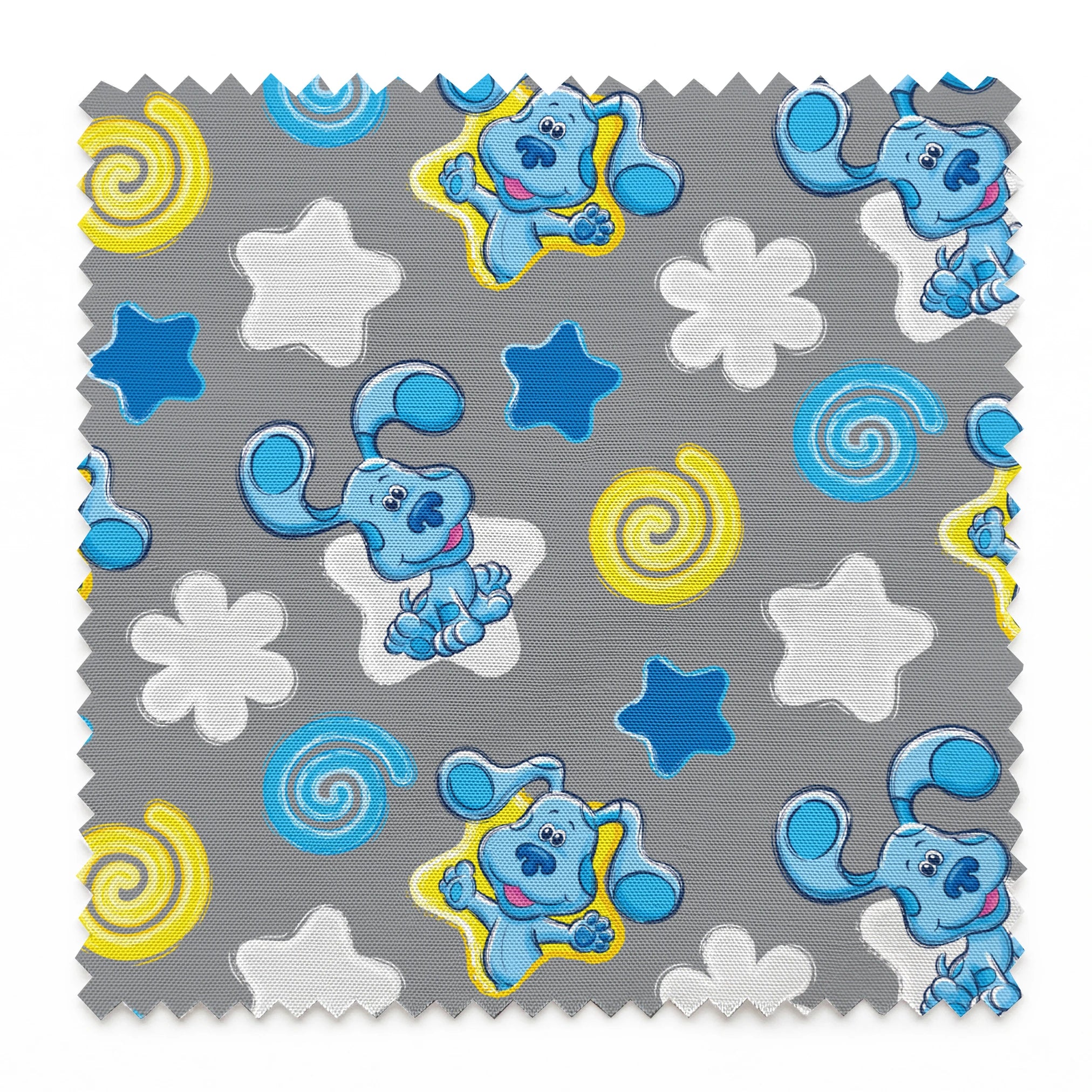 Blue cartoon elephants with stars, swirls, and clouds pattern on gray background springs swatch pinked