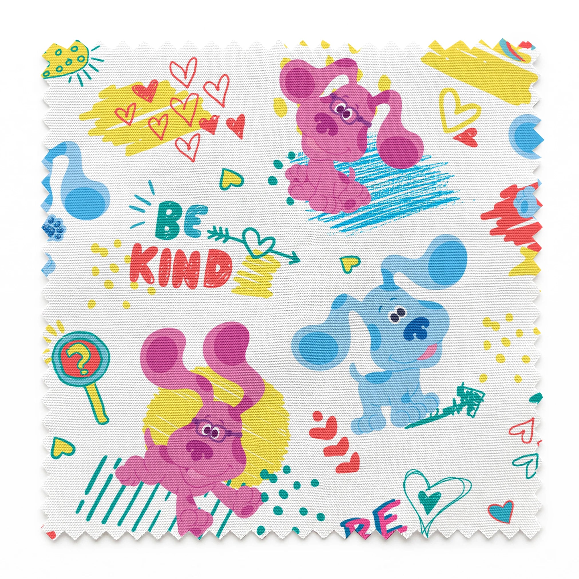 Colorful cartoon pattern with blue koalas and purple mice, hearts, and "BE KIND" text on white background springs swatch pinked