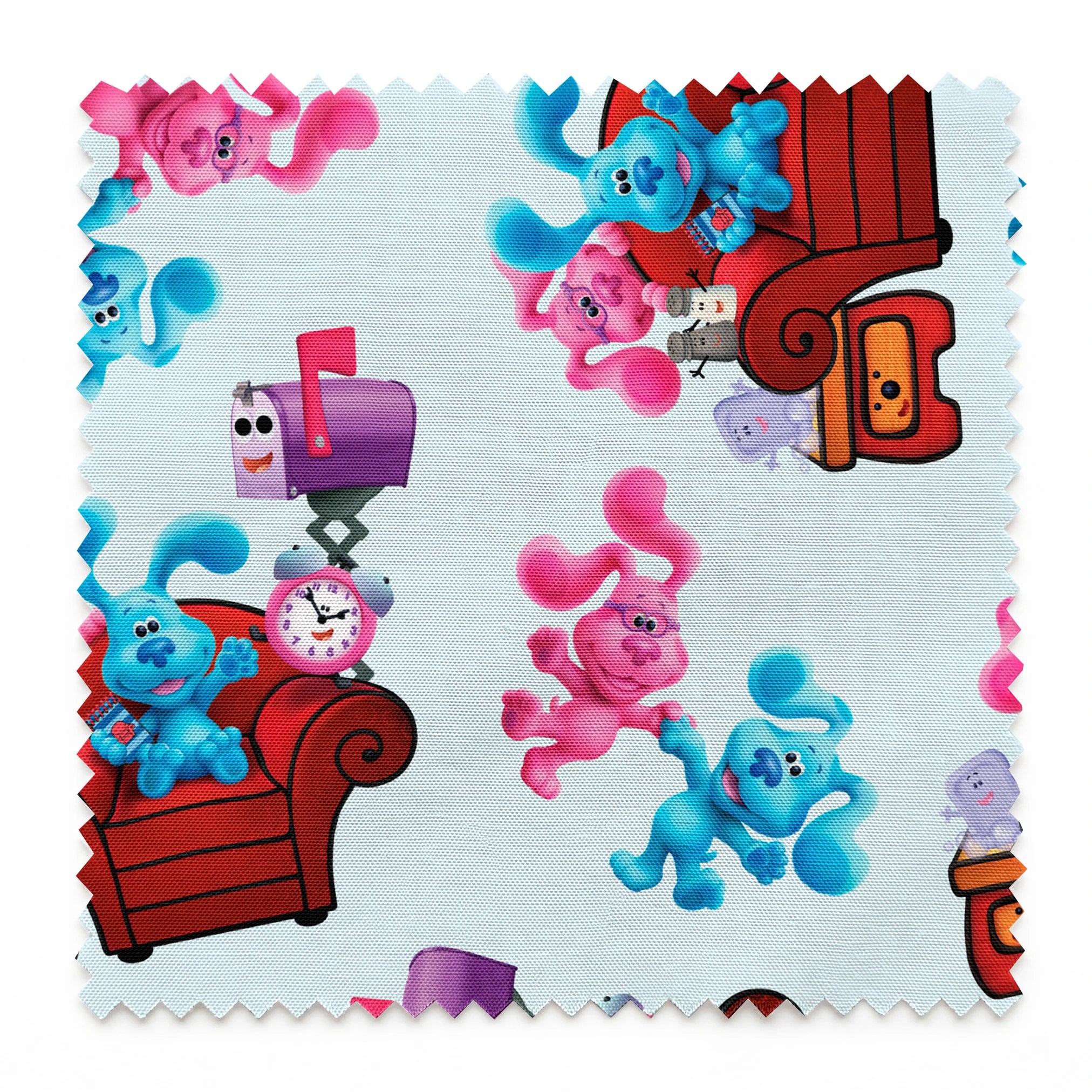 Colorful pattern featuring cartoon blue and pink puppy characters with armchairs, mailboxes, and clocks springs swatch pinked