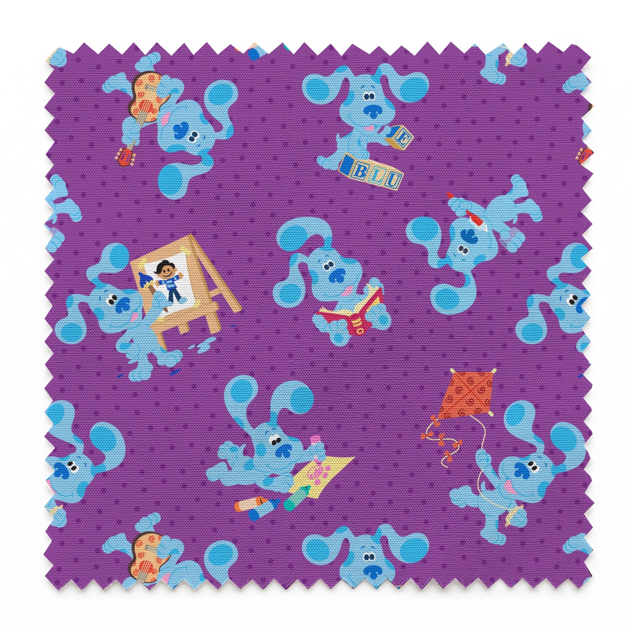 Blue cartoon dog characters on purple polka dot background with toys and alphabet blocks pattern springs swatch pinked