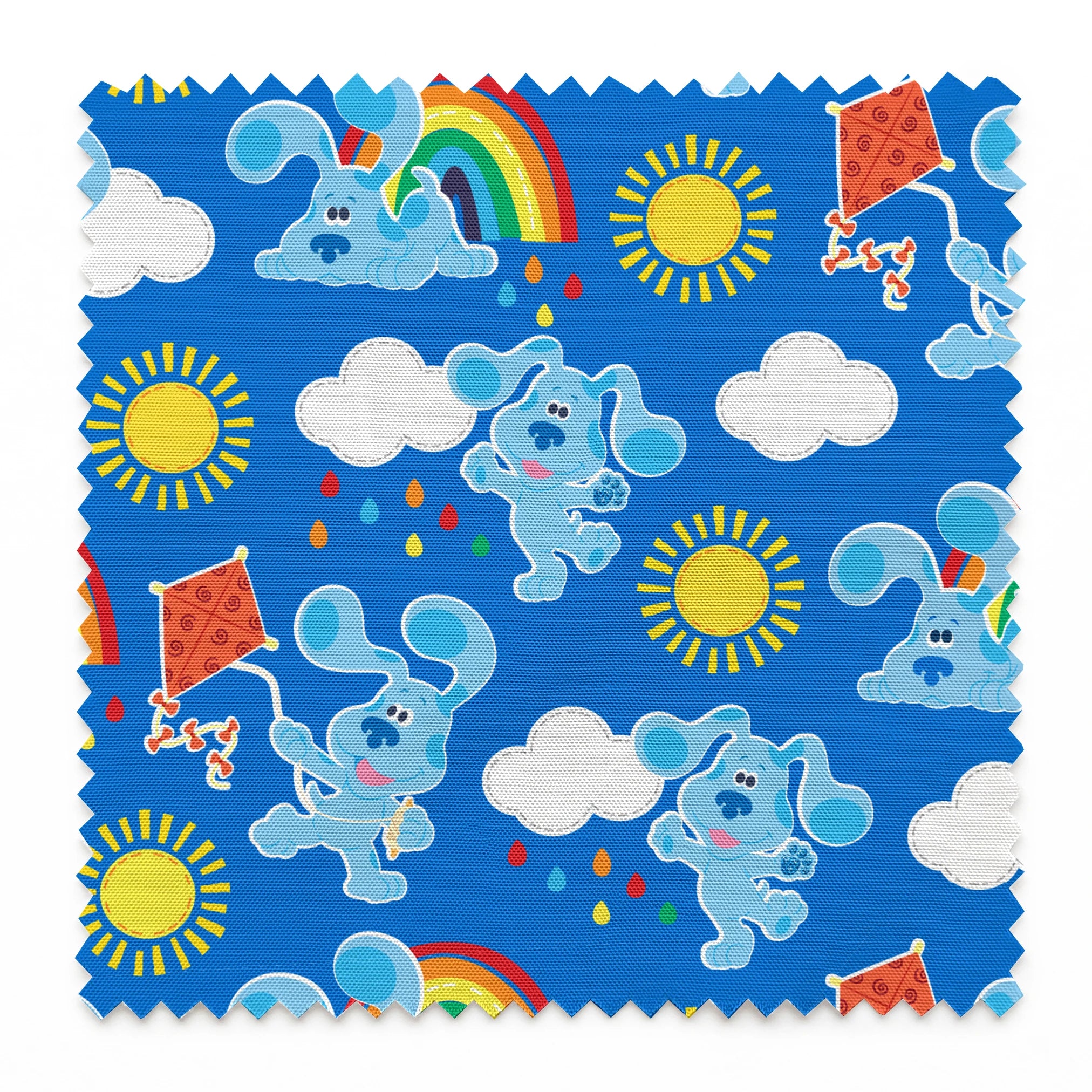 Blue's Clues pattern with cartoon blue dogs, rainbows, suns, clouds, and kites on bright blue background, license, Blues Clues, Entertainment License, Nickolodeon springs swatch pinked