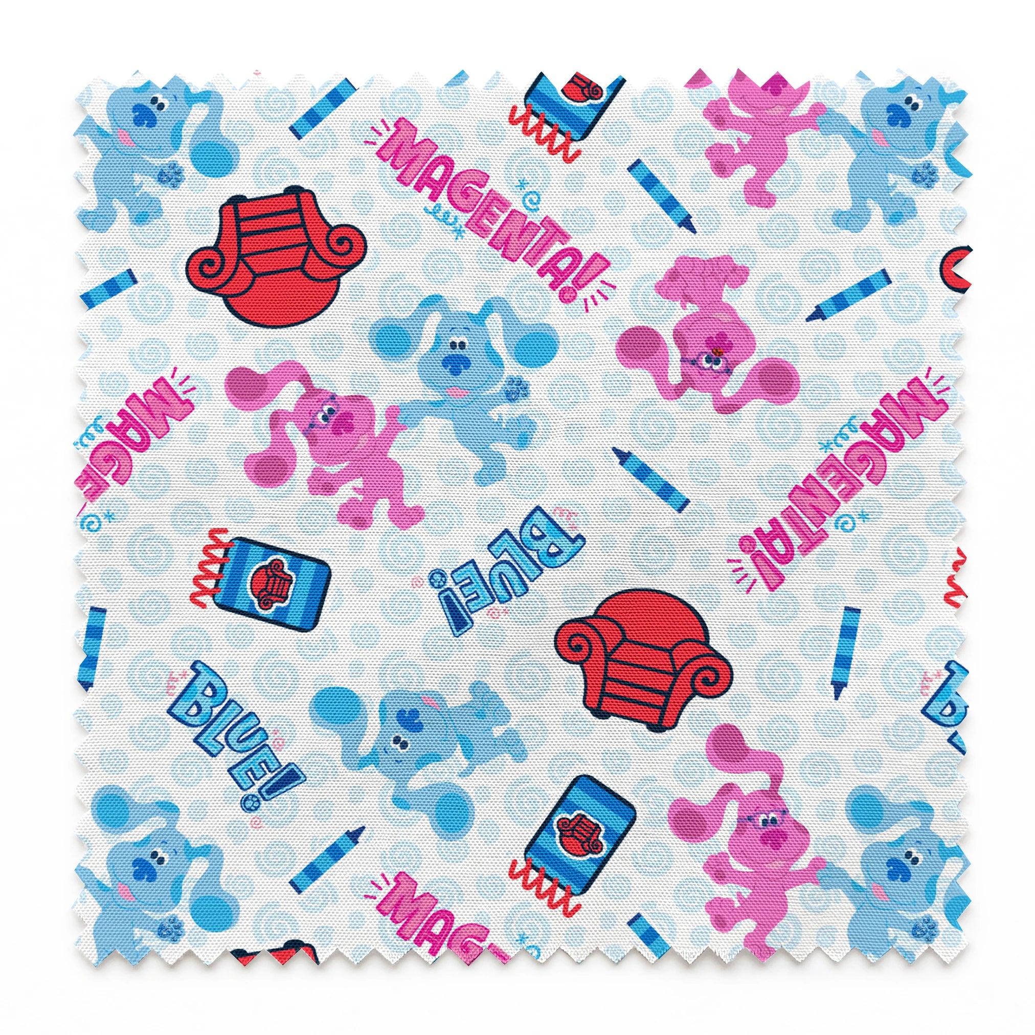 Nickelodeon, Colorful Blue's Clues pattern with blue and pink puppies, red chairs, notebooks, and crayons on a light blue background springs swatch pinked