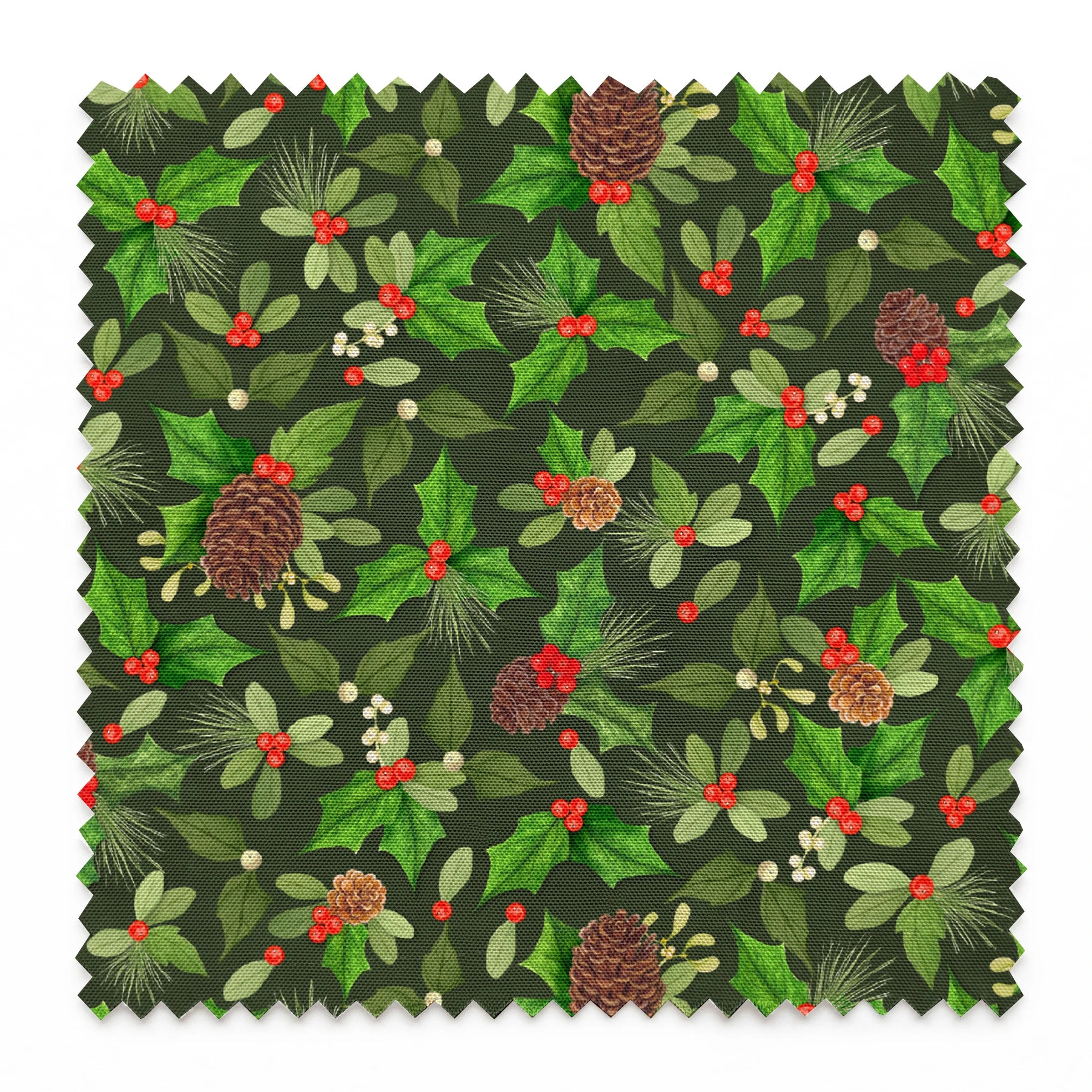 Seamless holiday pattern by Nicole Tamarin featuring pinecones, holly, red berries, and green foliage on a dark green background. springs swatch pinked